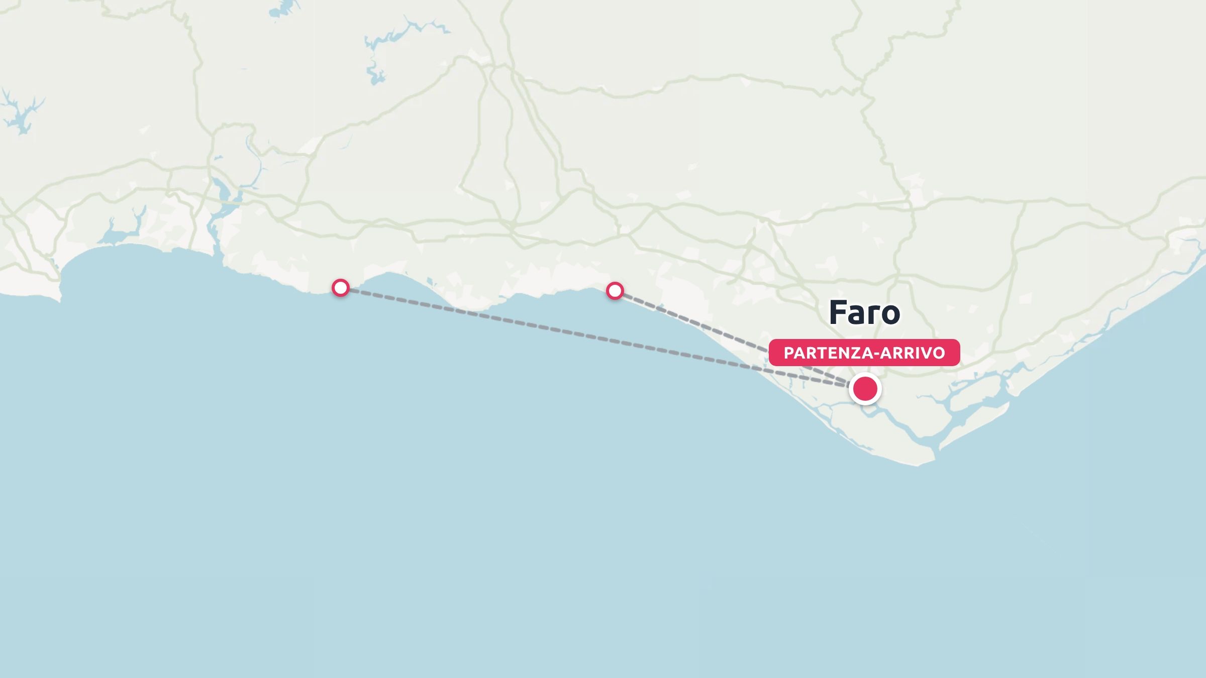 Mappa di viaggio che mostra un itinerario costiero in Portogallo con punti di passaggio che iniziano e finiscono a Faro.