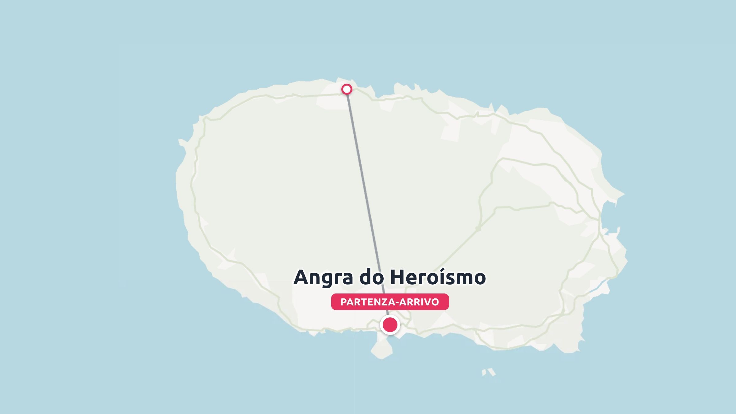 Una mappa di viaggio di un itinerario isolano che collega la costa settentrionale ad Angra do Heroísmo su uno sfondo azzurro