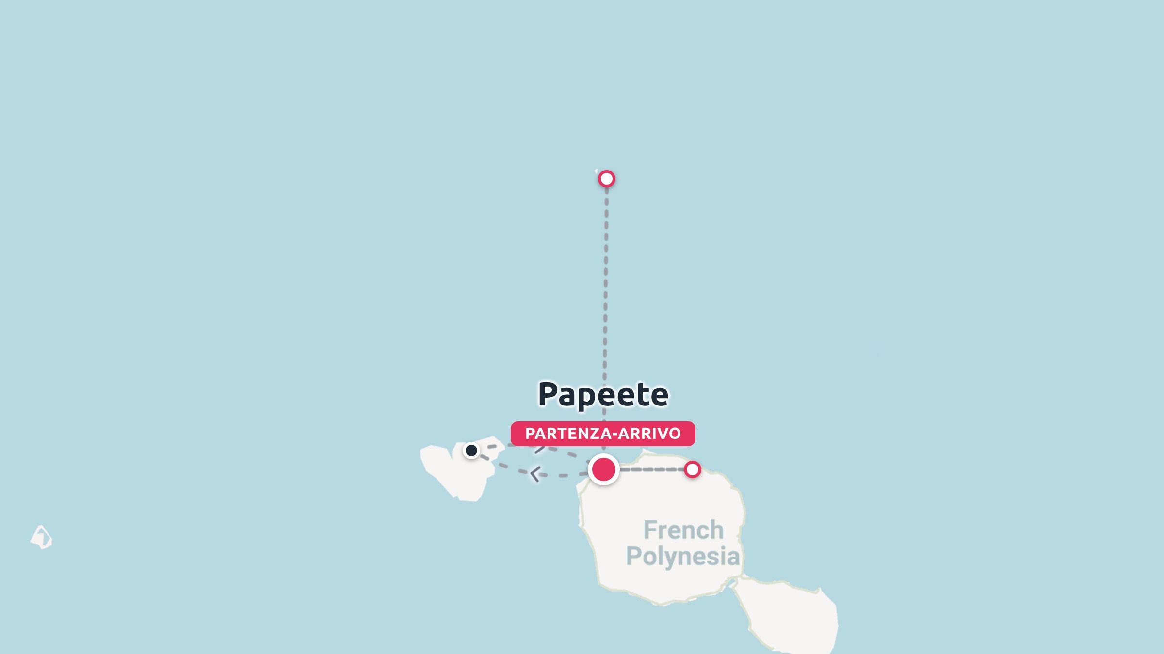 Una mappa dell'itinerario di viaggio della Polinesia francese che mostra un punto di itinerario di partenza e arrivo a Papeete.