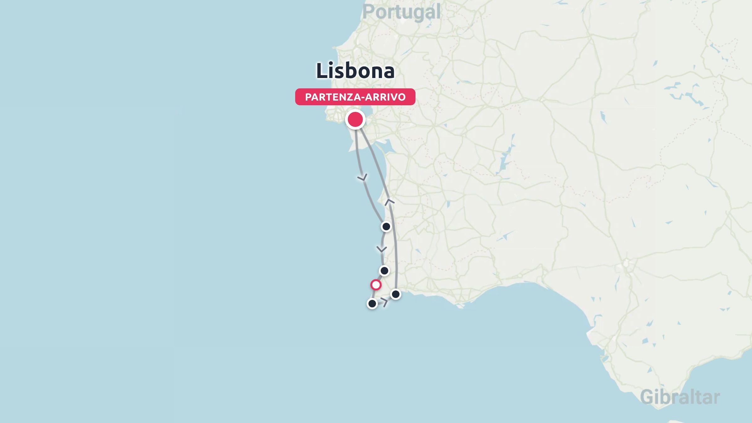 Mappa dell'itinerario di viaggio in Portogallo che mostra un percorso ad anello costiero con partenza e arrivo a Lisbona