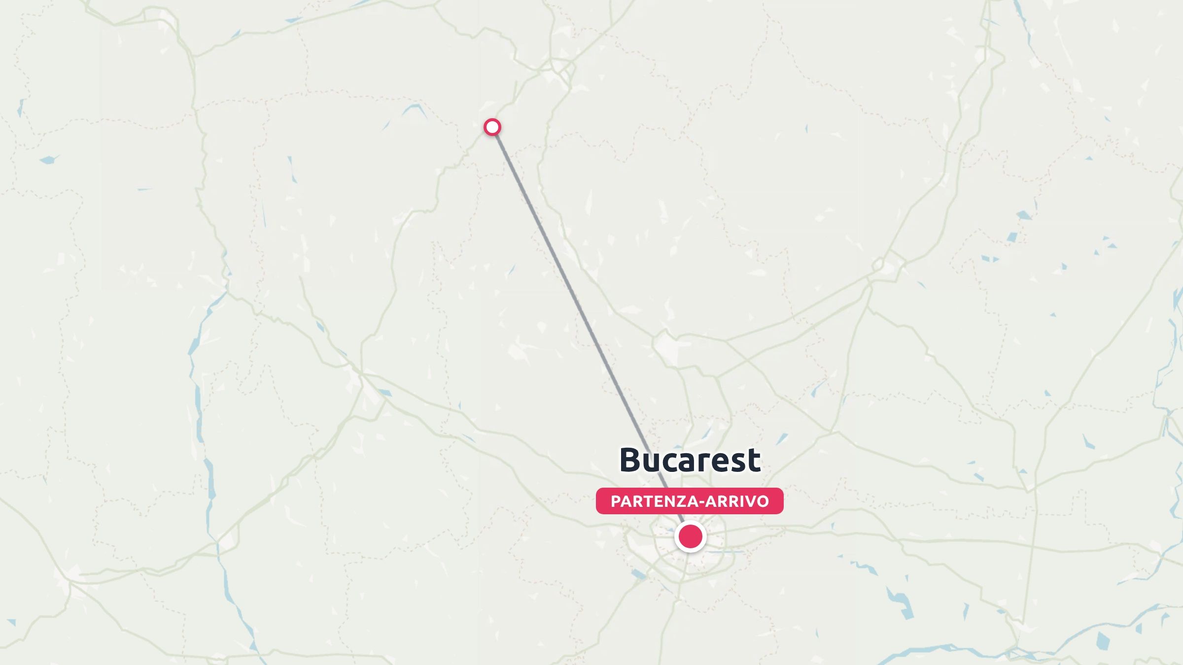 Una mappa di viaggio che mostra un itinerario con partenza e arrivo a Bucarest, collegato a una destinazione settentrionale.