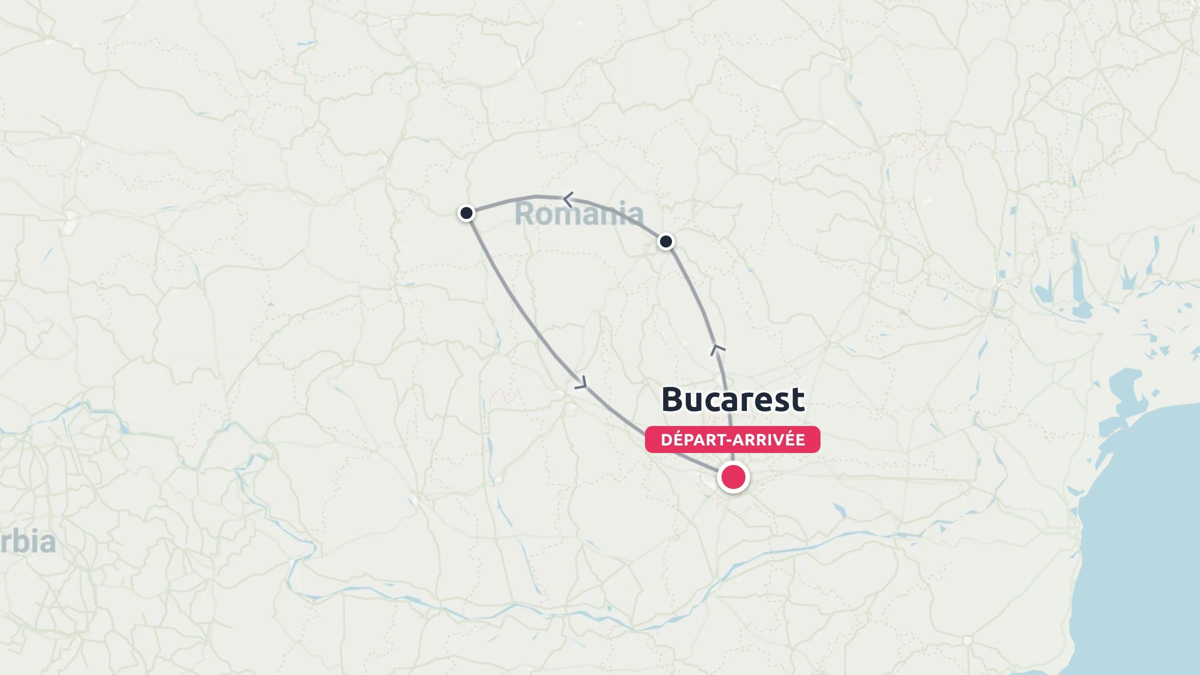 Un itineraire de voyage en Roumanie presentant un parcours circulaire avec depart et arrivee a Bucarest