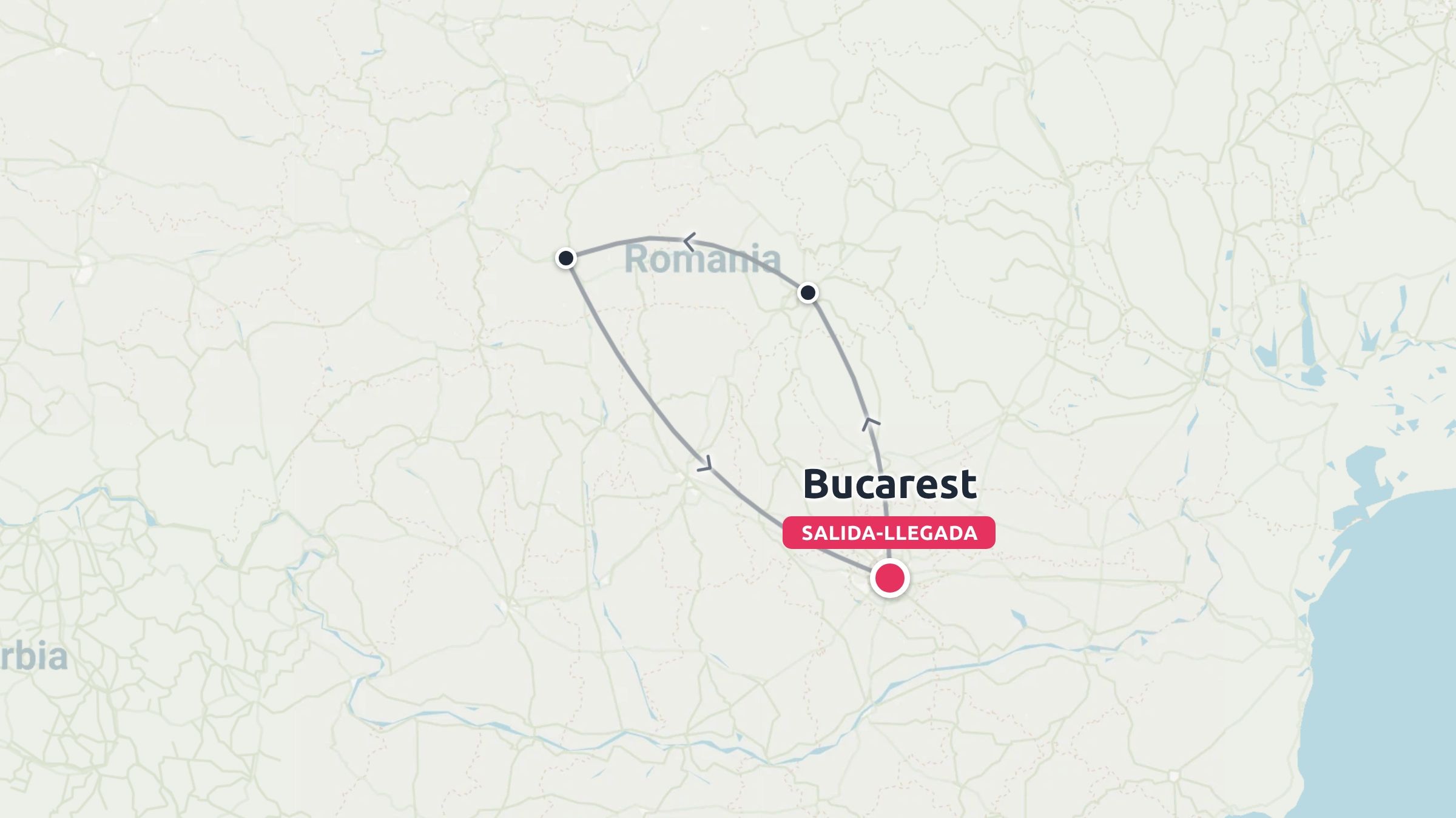 Un mapa de ruta de viaje por Rumanía que muestra un itinerario circular con salida y llegada en Bucarest.