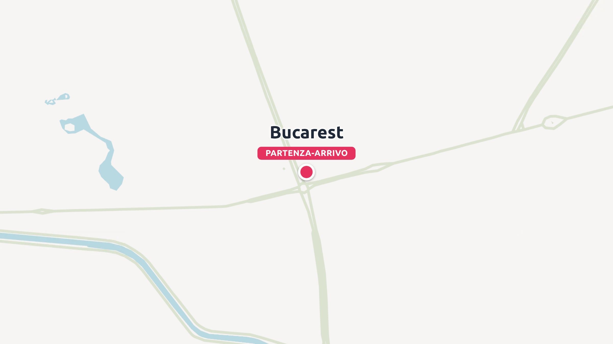 Una mappa di viaggio che mostra Bucarest contrassegnata con un puntina rossa come luogo di partenza e arrivo.