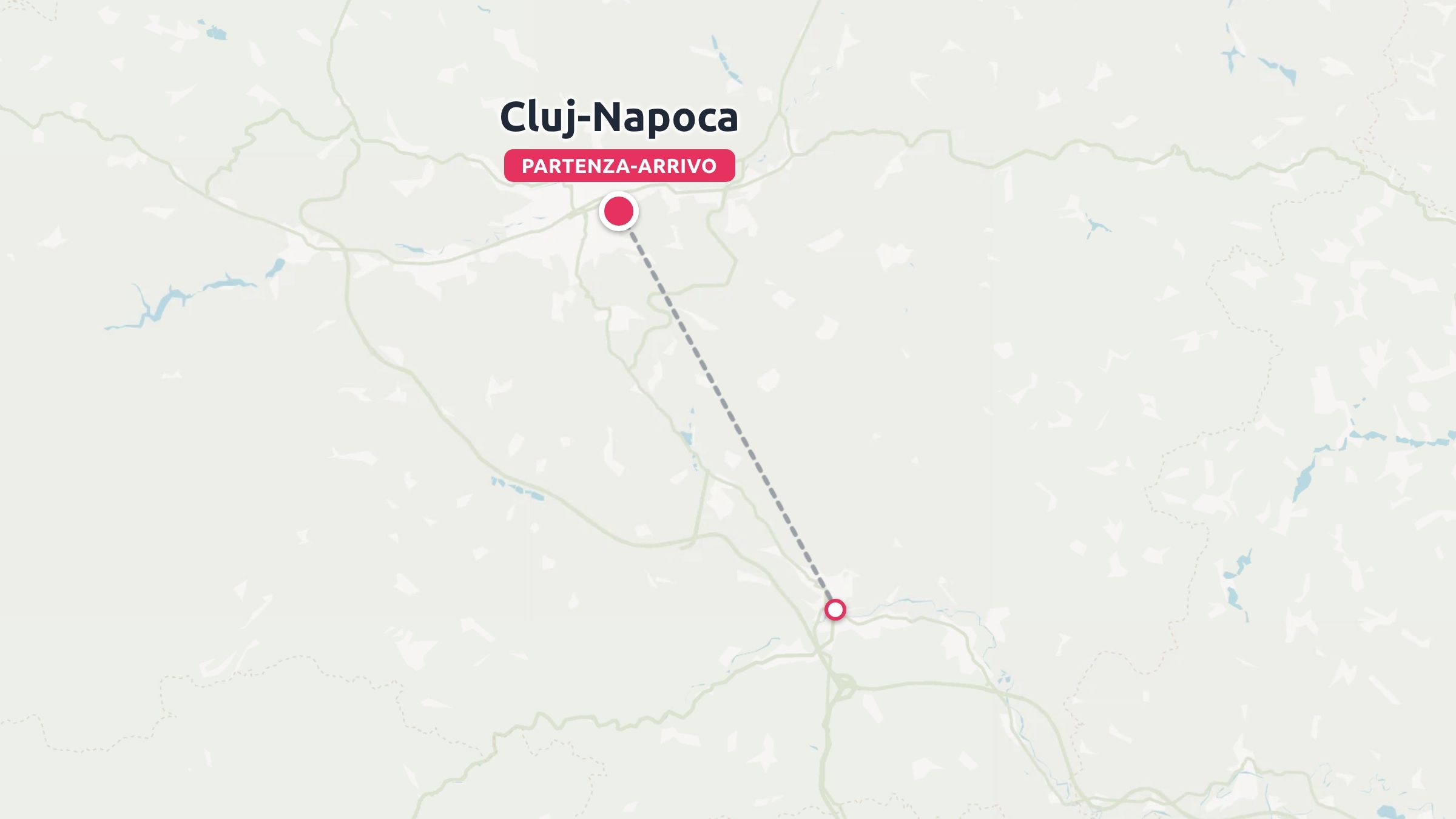 Una mappa di un itinerario di viaggio con una linea tratteggiata che mostra un percorso che inizia e finisce a Cluj-Napoca