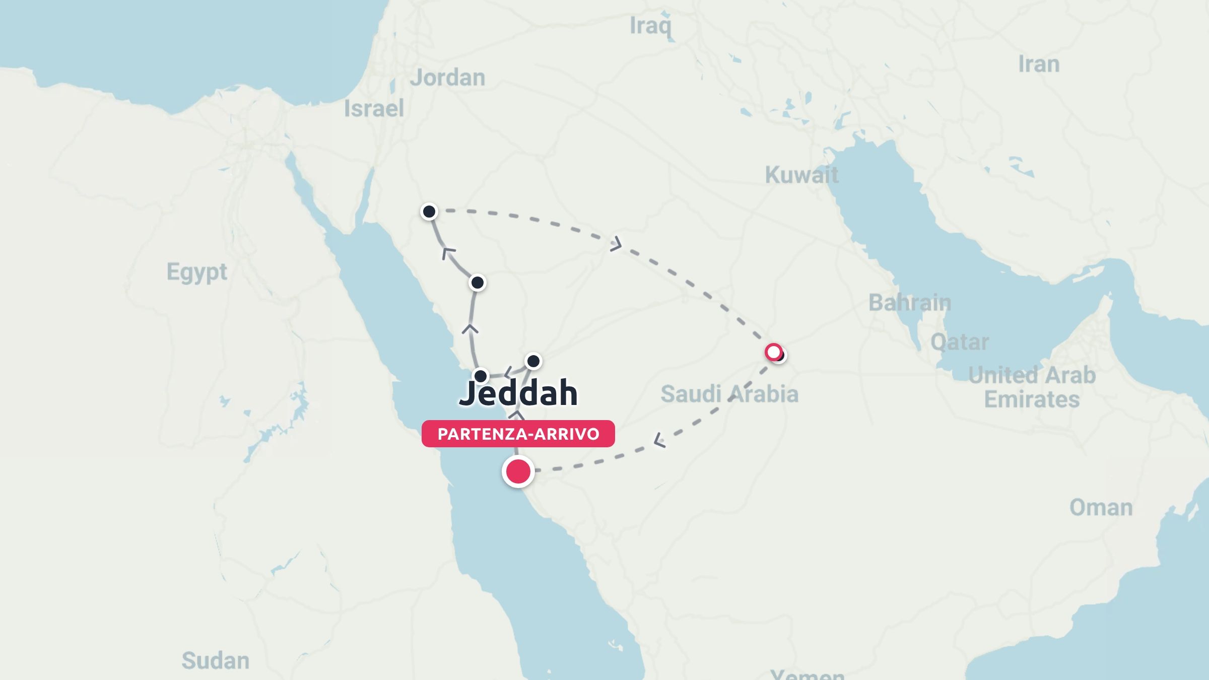 Mappa dell'itinerario di viaggio in Arabia Saudita che mostra un percorso circolare con partenza e arrivo a Gedda.