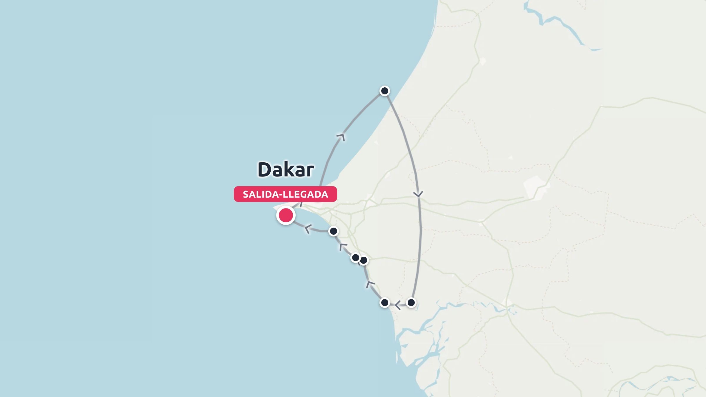 Mapa de ruta de viaje que muestra un itinerario circular que empieza y termina en Dakar por la costa de Senegal