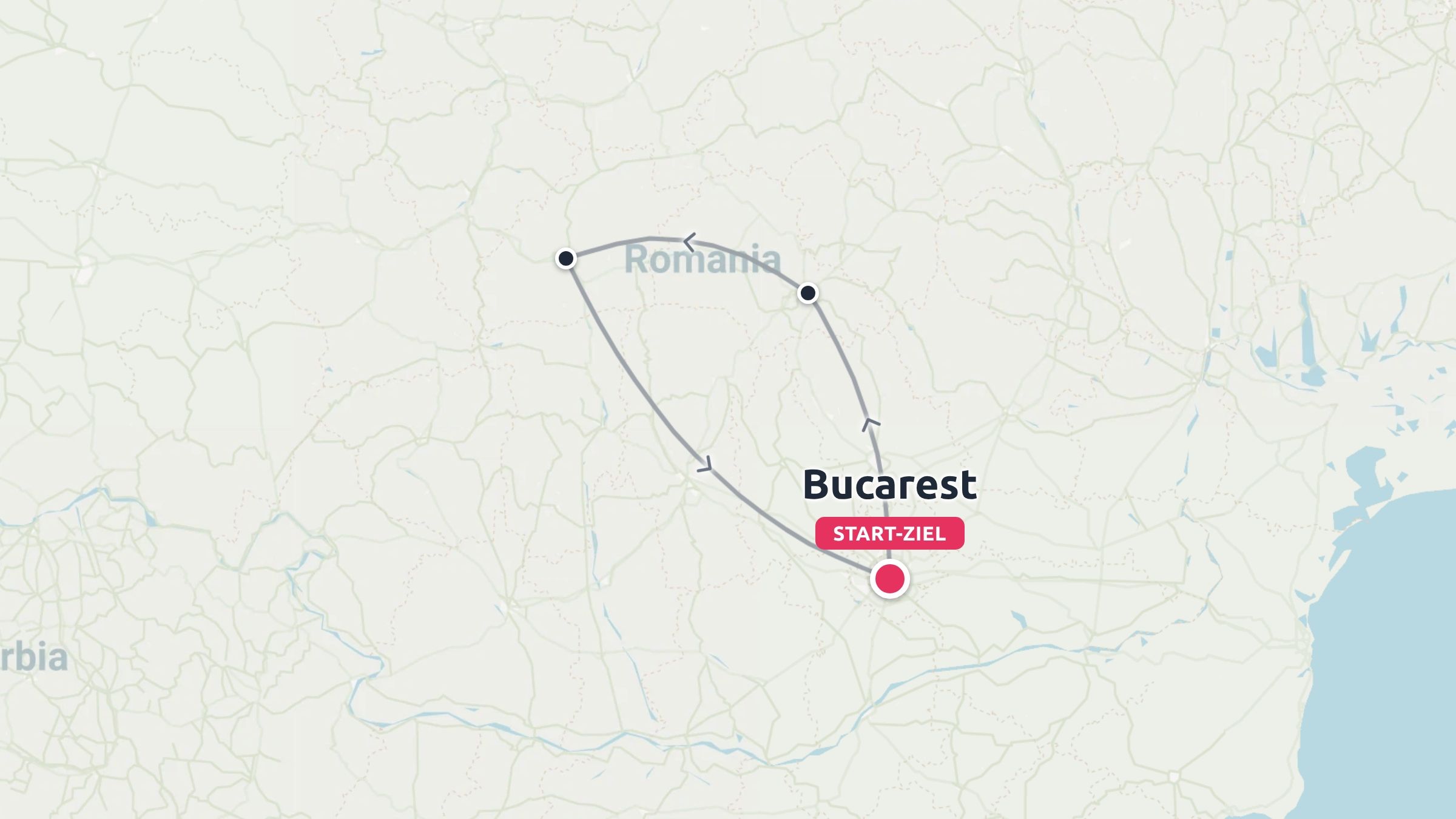 Eine Reiseroute durch Rumänien mit einer Rundreise, die in Bukarest beginnt und endet.