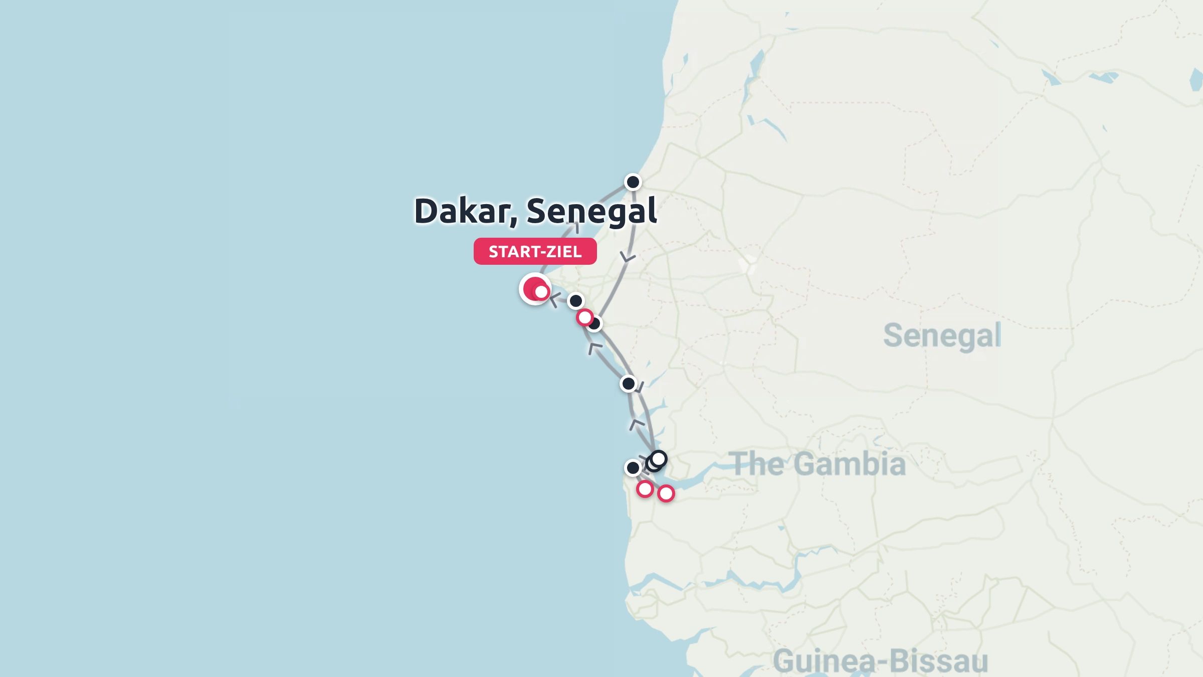 Eine Reiseroute entlang der Küste des Senegals und von Gambia, mit Start und Ziel in Dakar, Senegal.