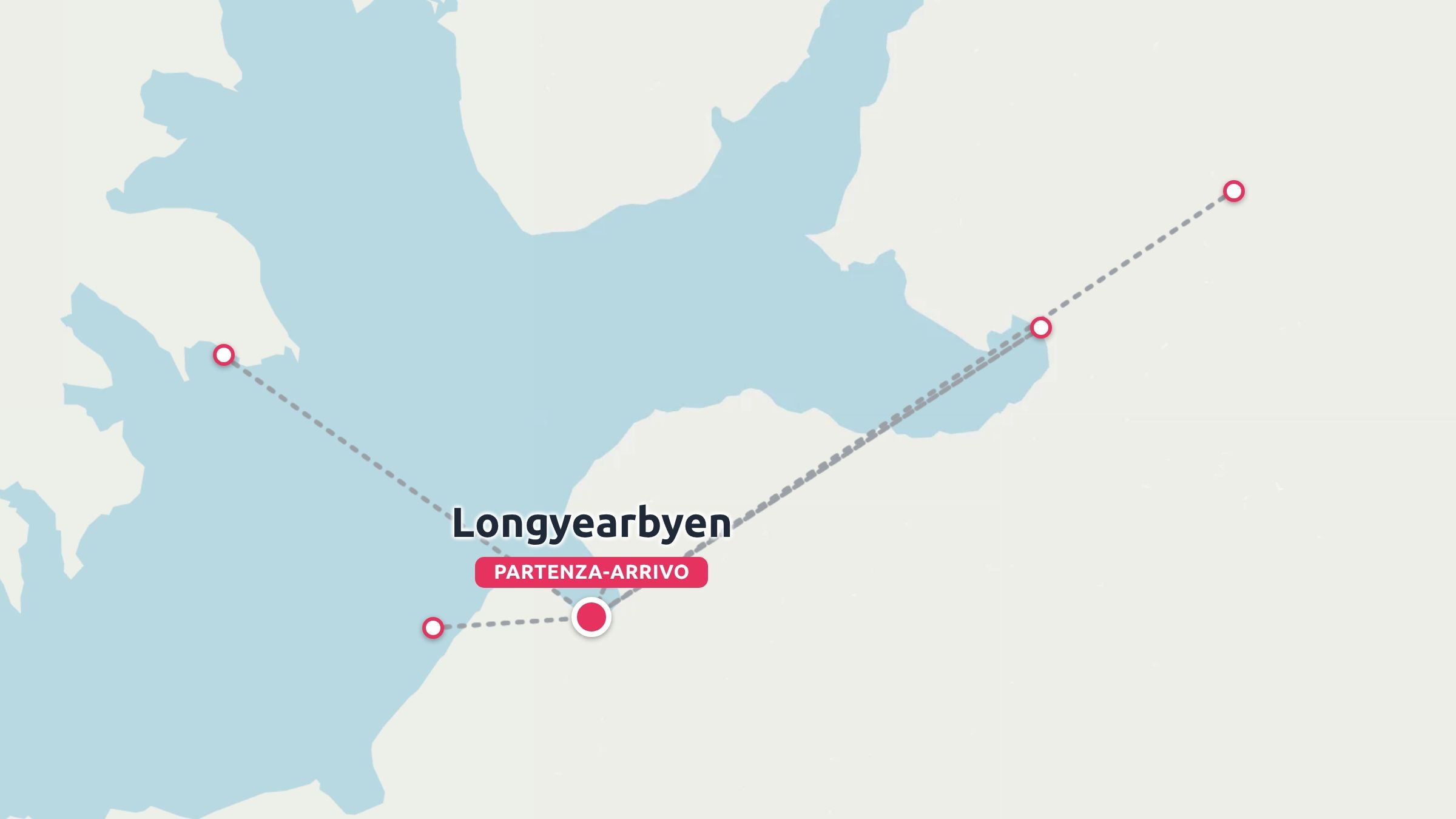 Una mappa dell'itinerario di viaggio che mostra i punti del percorso con partenza e arrivo indicati a Longyearbyen.