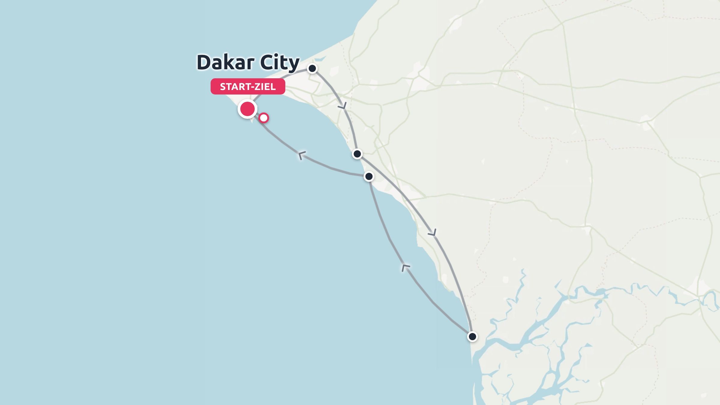 Eine Reiseroute, die in Dakar beginnt und endet und an der Küste entlangführt