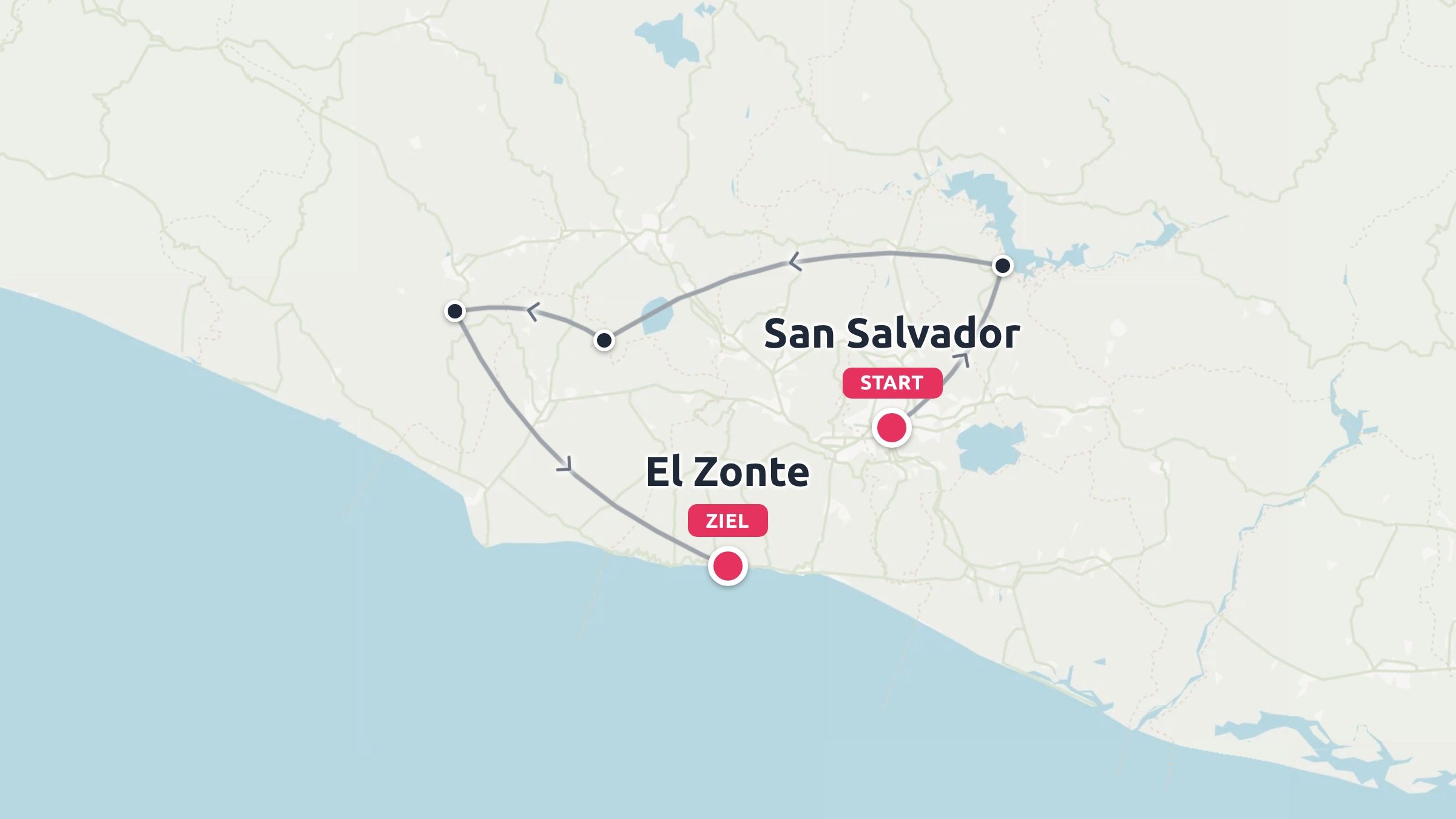Reiseroute beginnend in San Salvador und endend in El Zonte entlang einer Küstenschleife