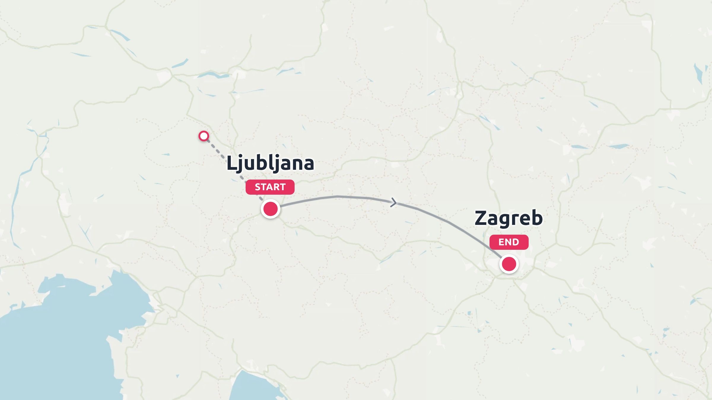 A travel route map showing a path starting in Ljubljana and ending in Zagreb.