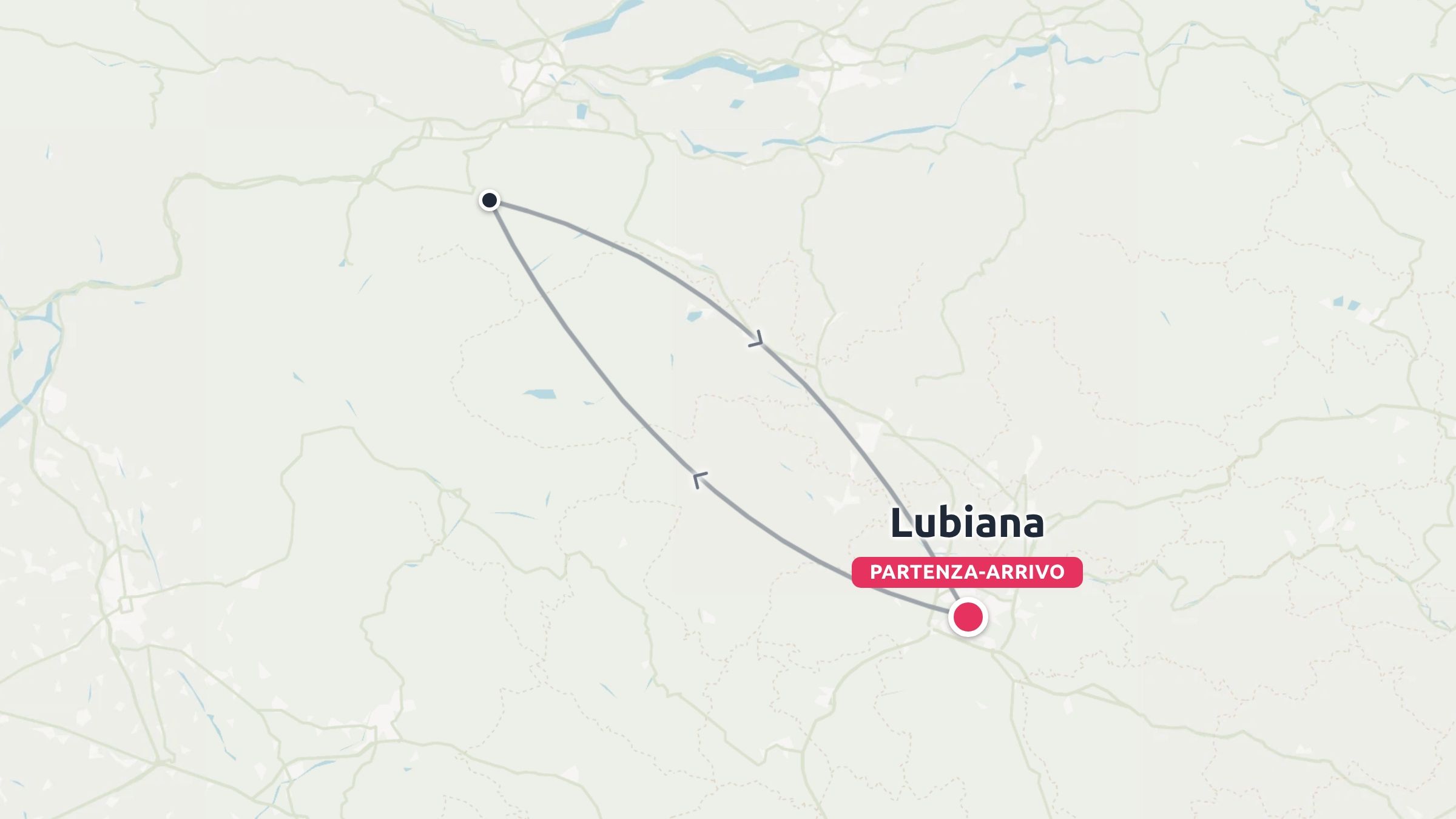 Una mappa dell'itinerario di viaggio che mostra un percorso ad anello con partenza e arrivo a Lubiana.