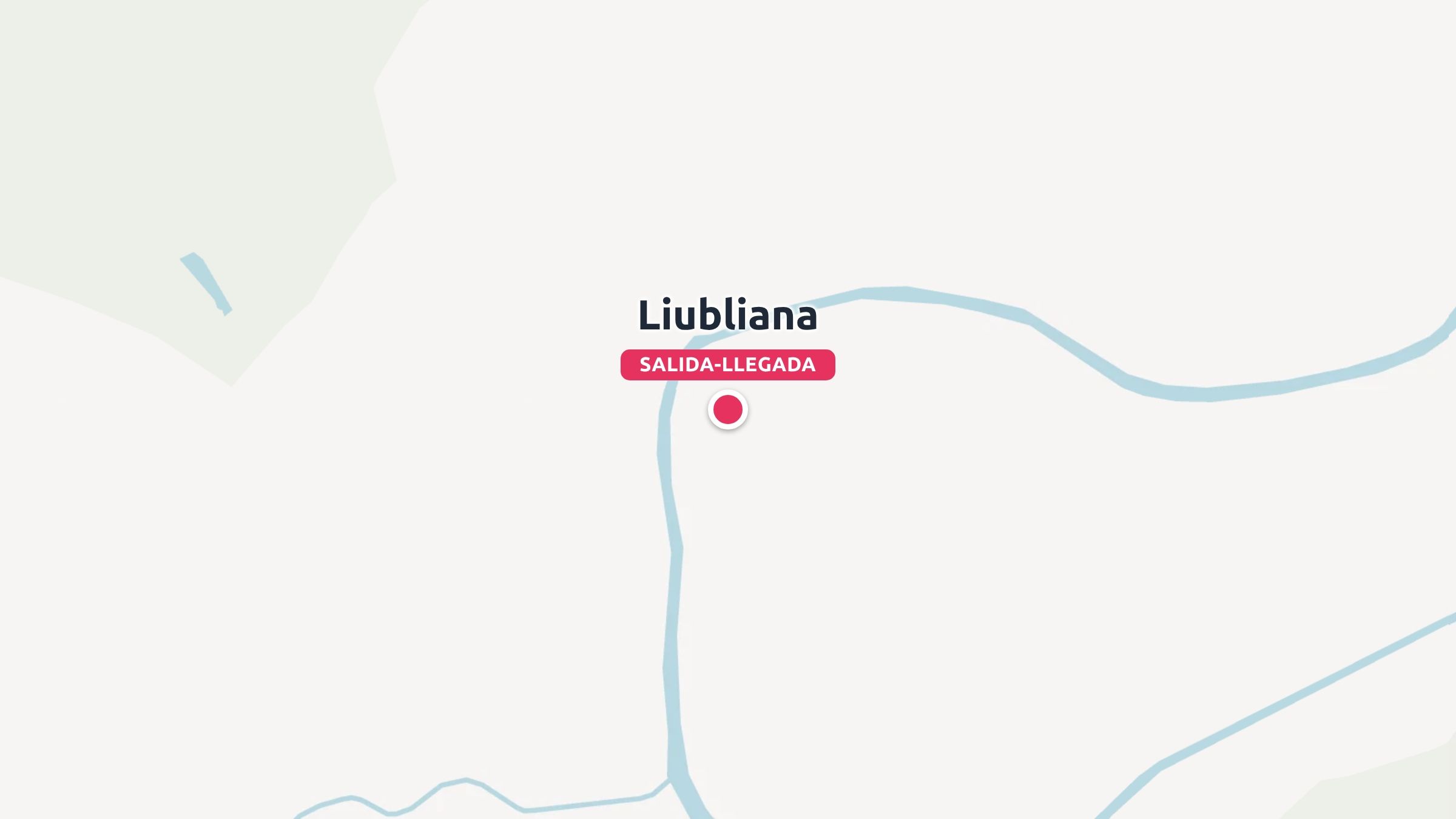 Un mapa de viajes que muestra Liubliana marcada con un alfiler rojo que indica los puntos de salida y llegada a lo largo de las líneas del río azul.