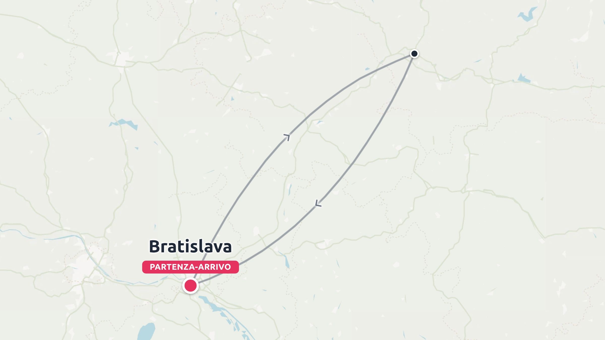 Mappa dell'itinerario di viaggio che mostra un percorso ad anello con partenza e arrivo a Bratislava.