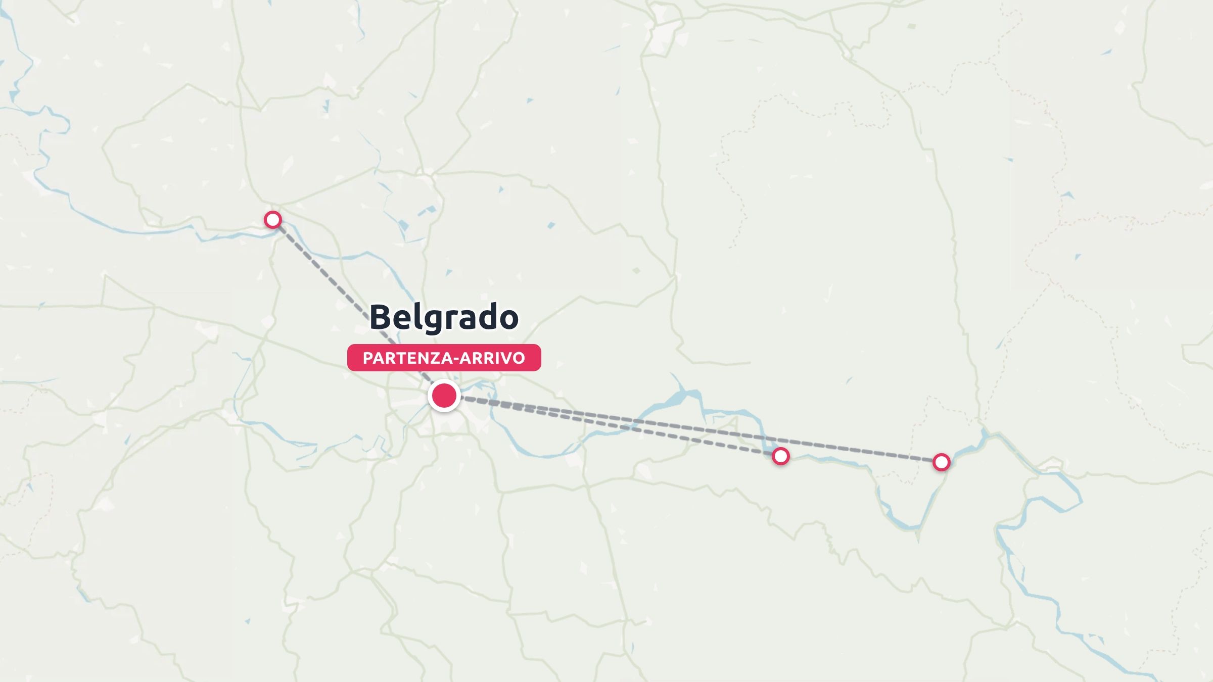 Una mappa del percorso di viaggio che mostra un itinerario con più fermate con partenza e arrivo a Belgrado.