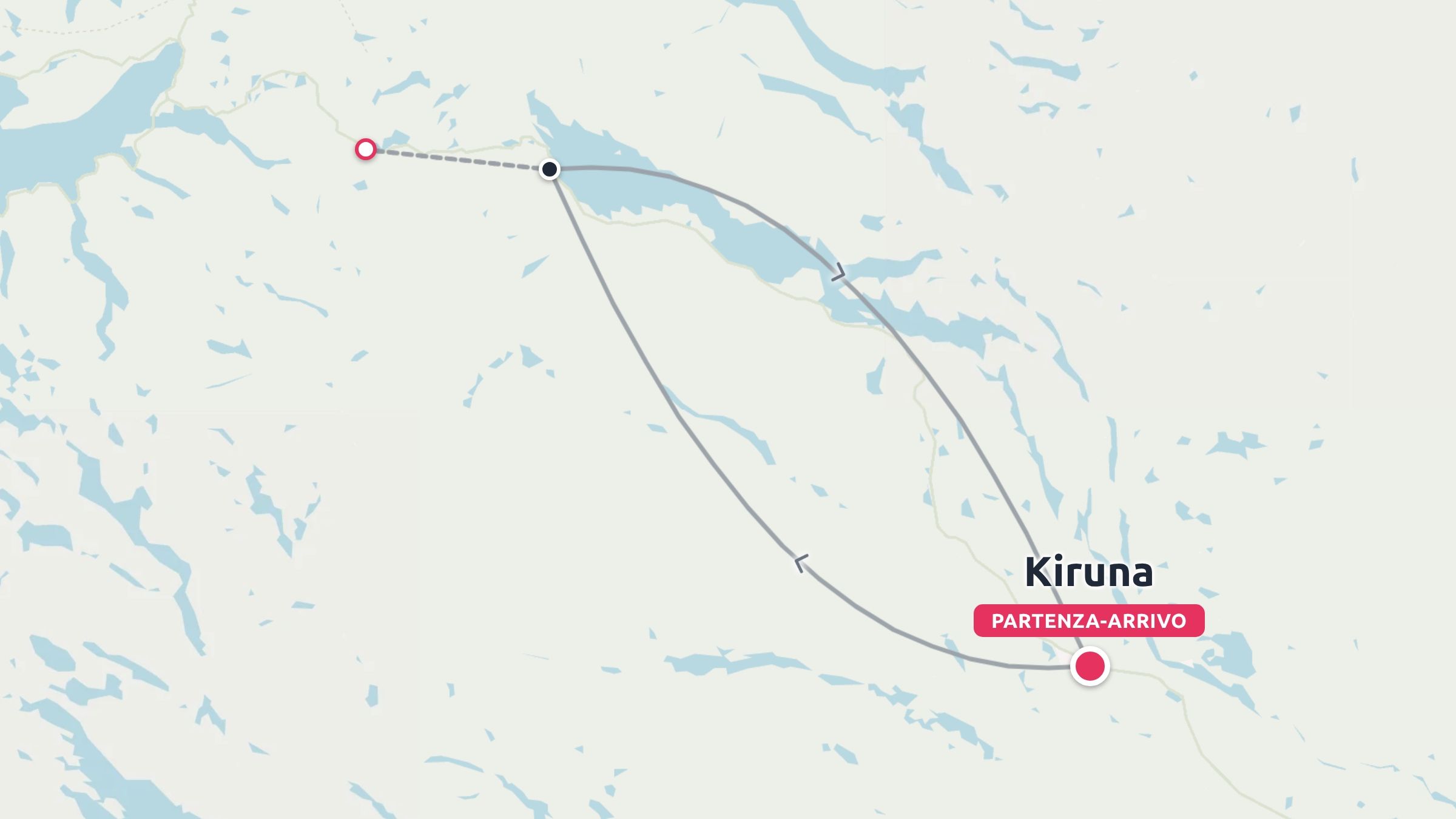 Una mappa di viaggio che mostra un itinerario ad anello con partenza e arrivo a Kiruna e indicatori di direzione.