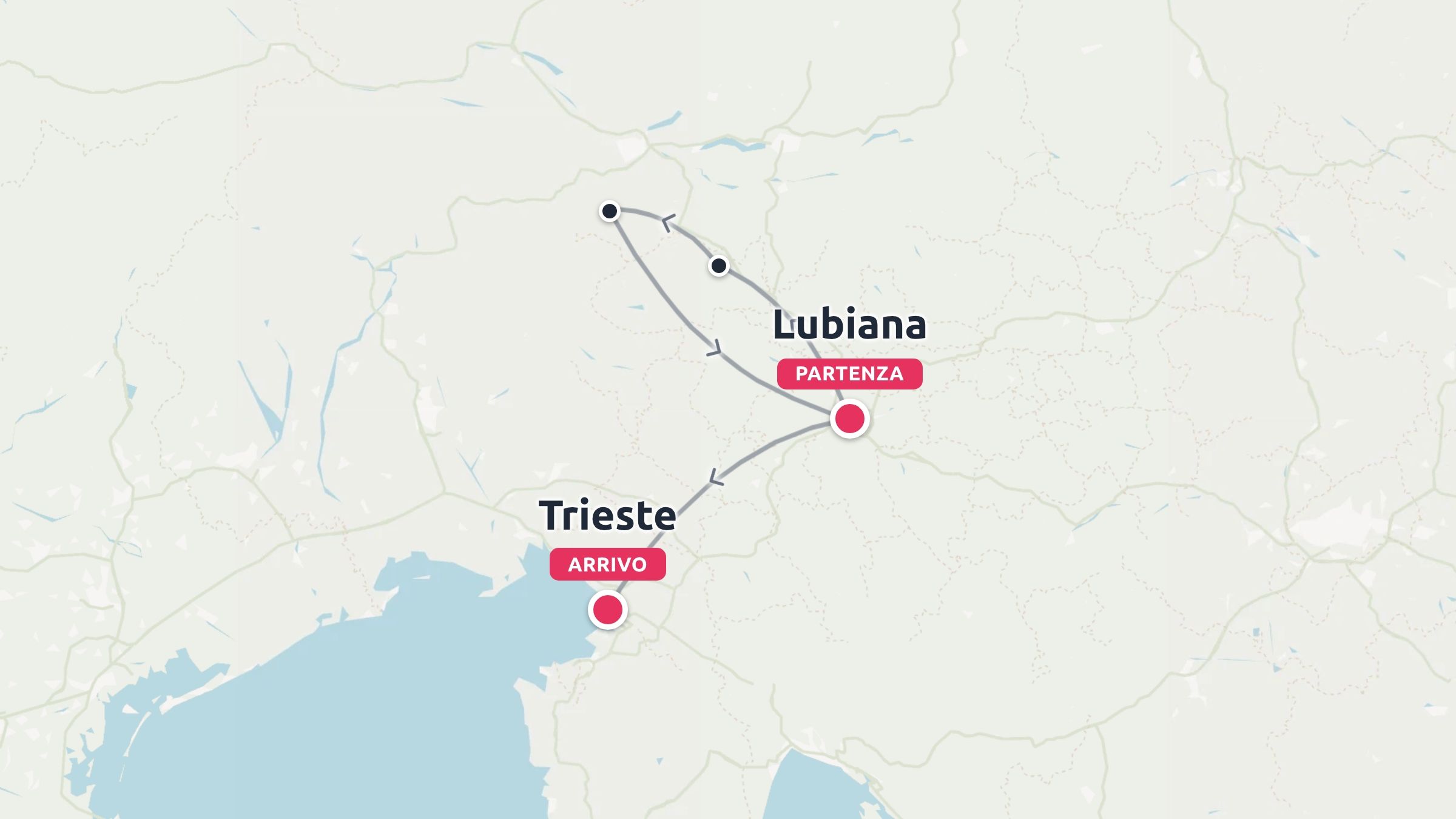 Una mappa dell'itinerario di viaggio con partenza da Lubiana e arrivo a Trieste