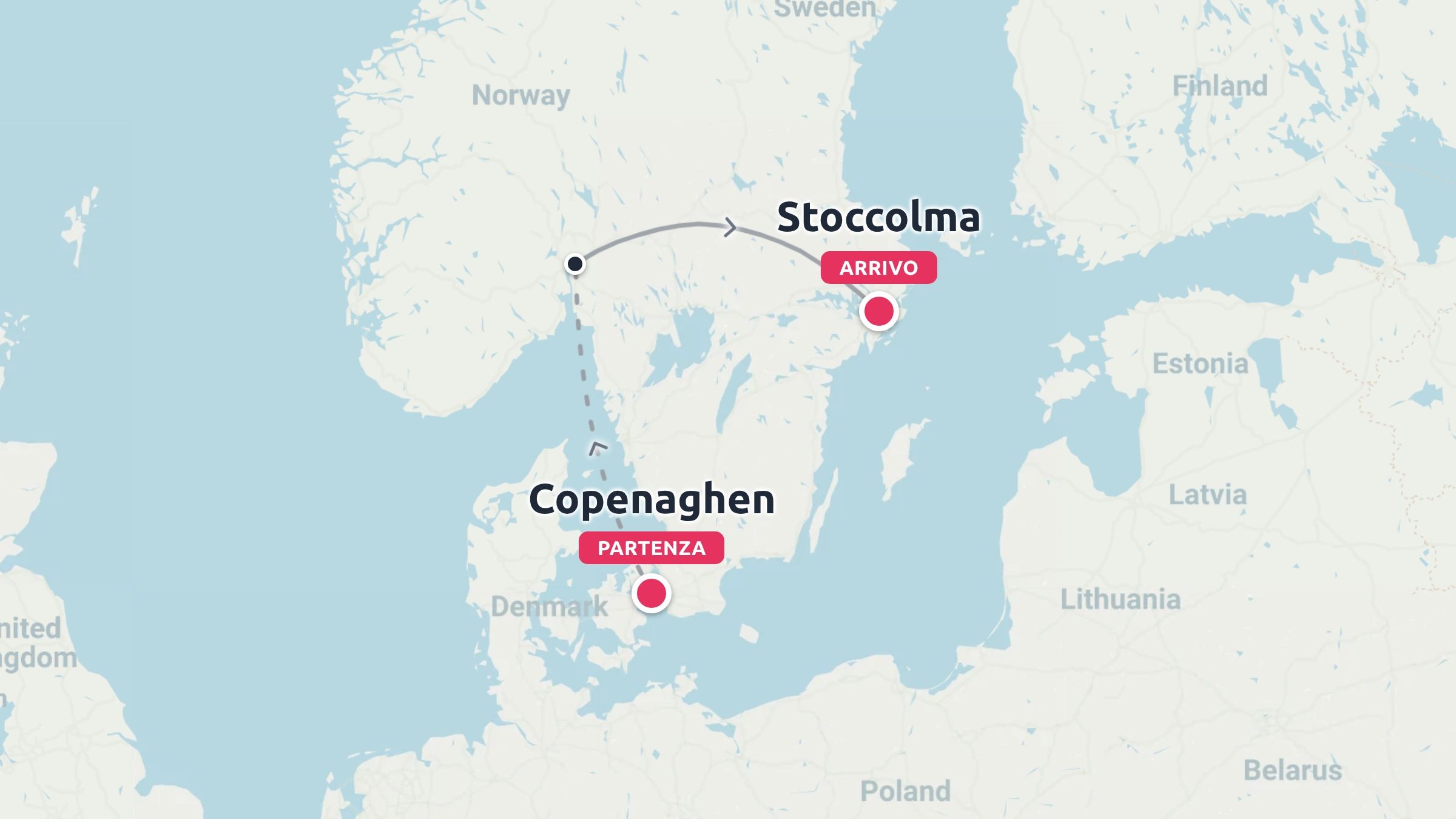 Mappa dell'itinerario di viaggio con partenza da Copenaghen e arrivo a Stoccolma