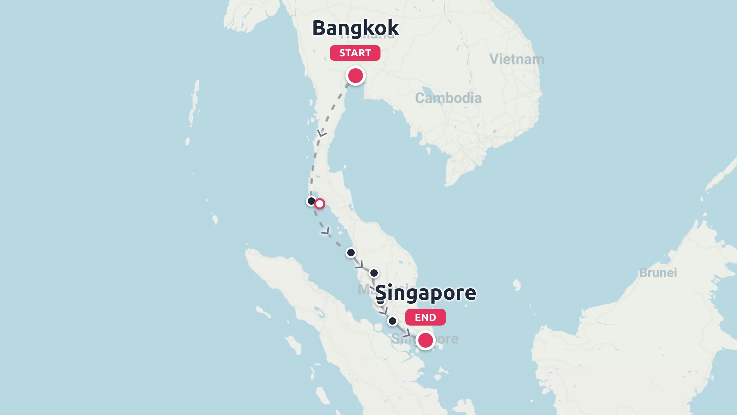 A travel route map starting in Bangkok, Thailand and traveling south through Malaysia to end in Singapore.