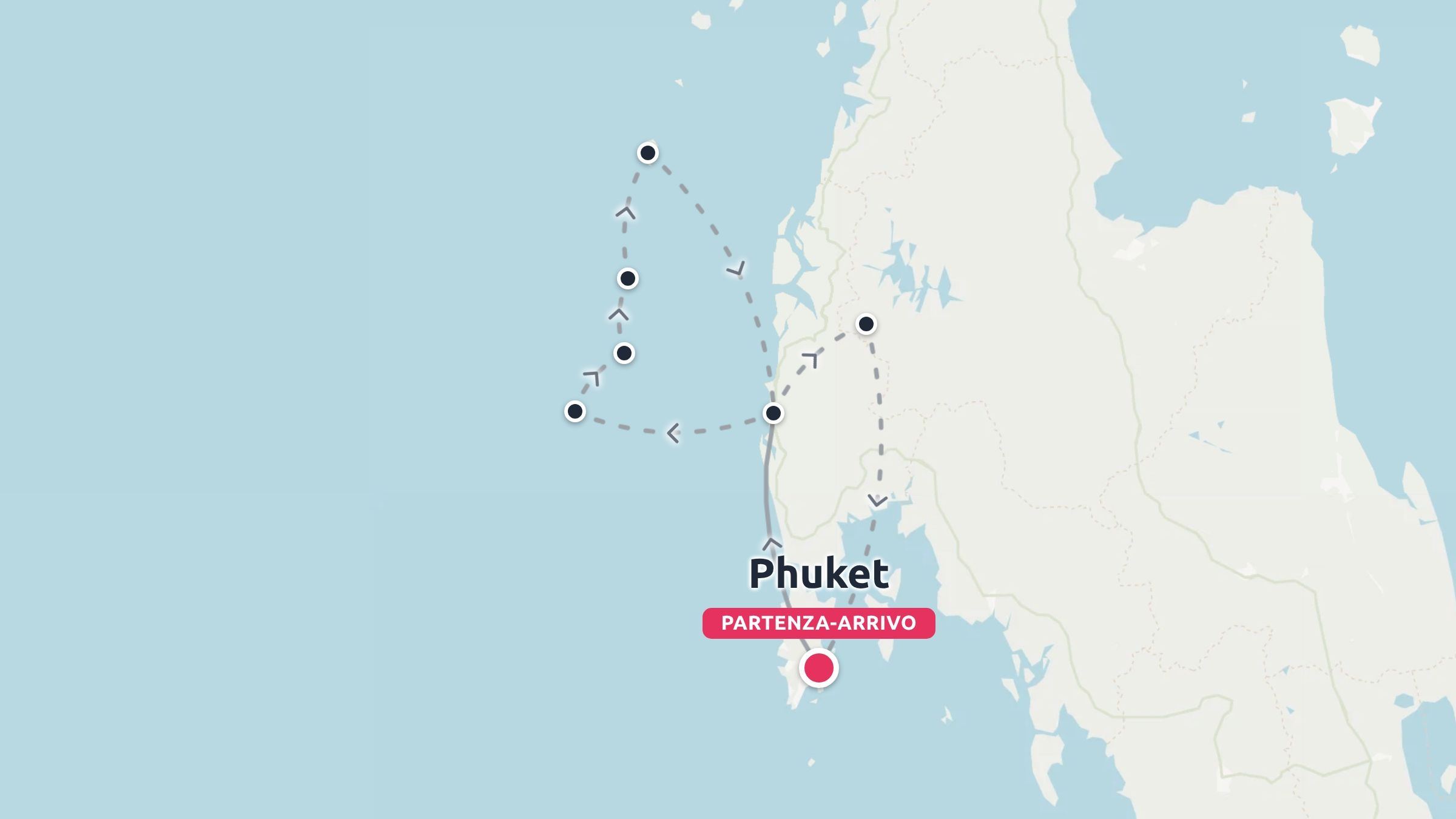 Mappa dell'itinerario di viaggio che mostra un percorso ad anello con partenza e arrivo a Phuket e fermate al largo e sulla costa.