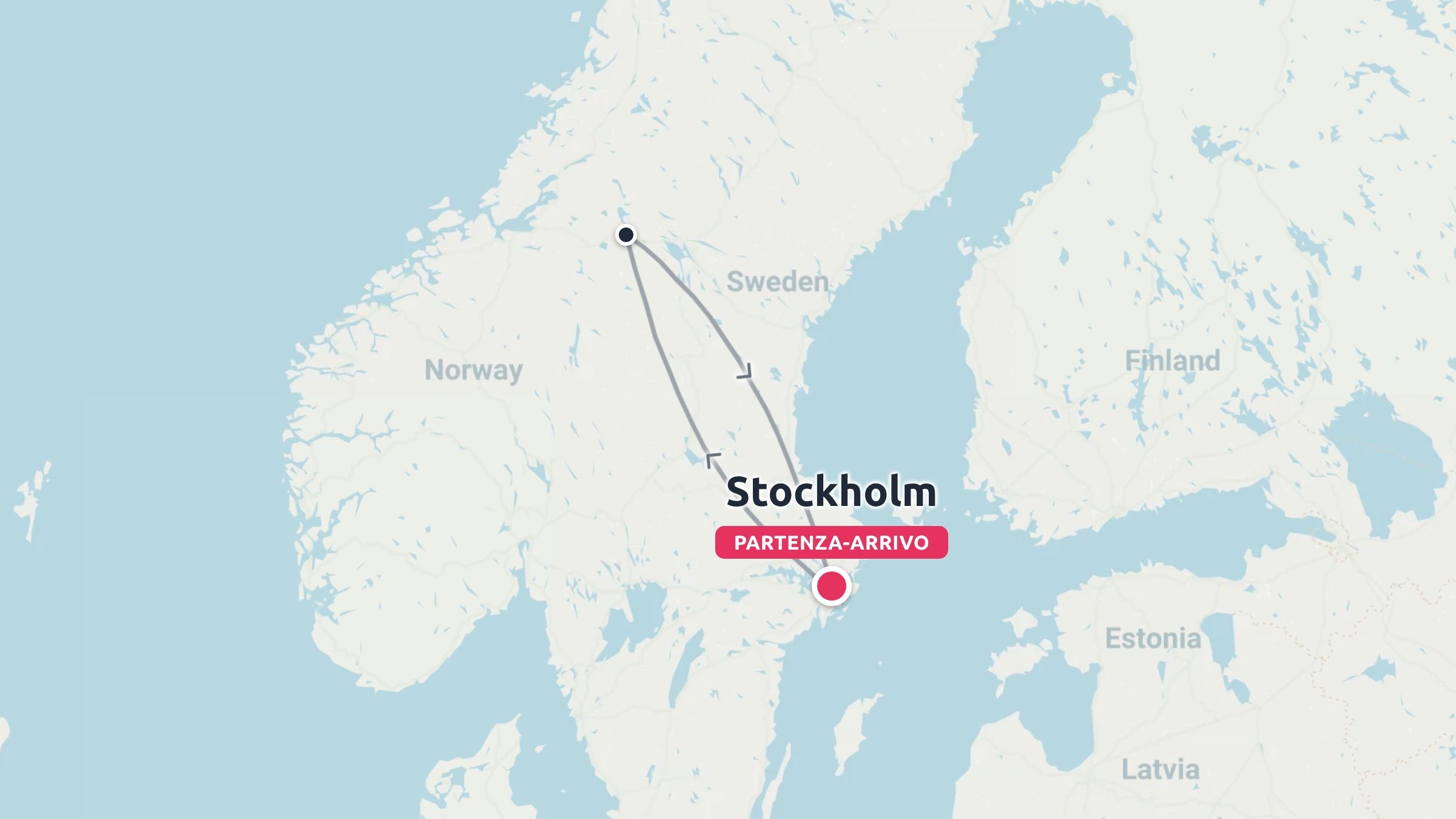 Mappa dell'itinerario di viaggio che mostra un percorso ad anello con partenza e arrivo a Stoccolma, in Svezia.