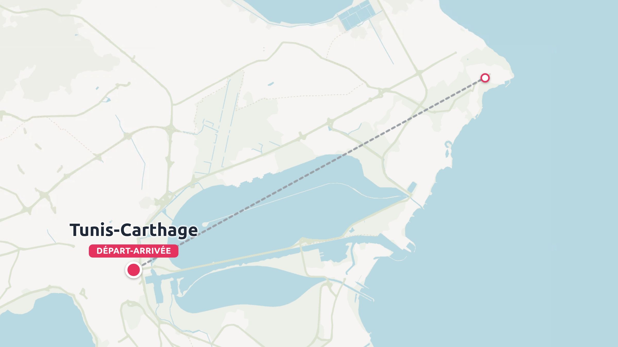 Une carte indiquant un itinéraire de voyage reliant le point de départ et le point d'arrivée à travers la baie de Tunis-Carthage