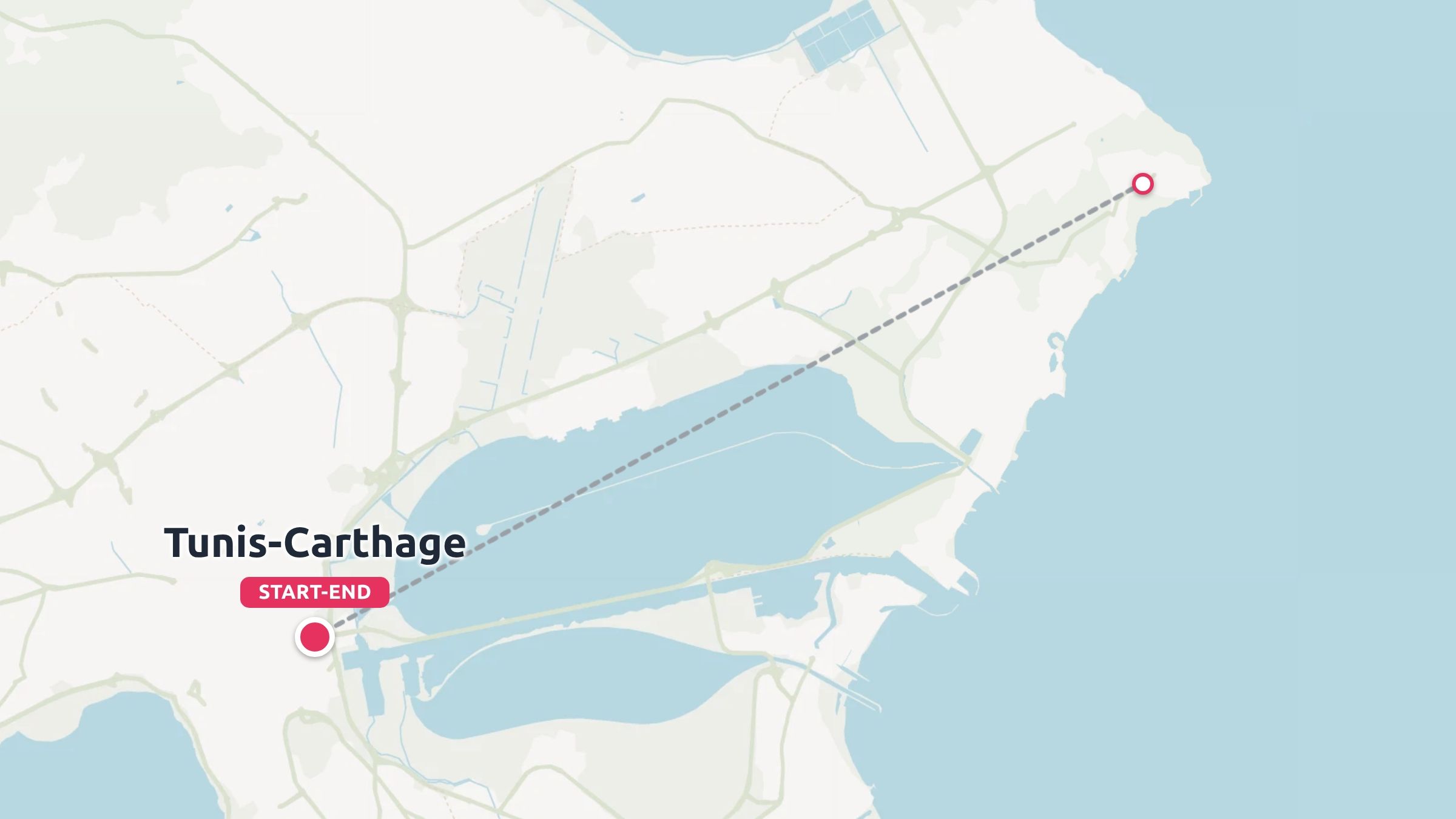 A travel route map showing a dashed line connecting Tunis-Carthage to the coastal area across the lake.