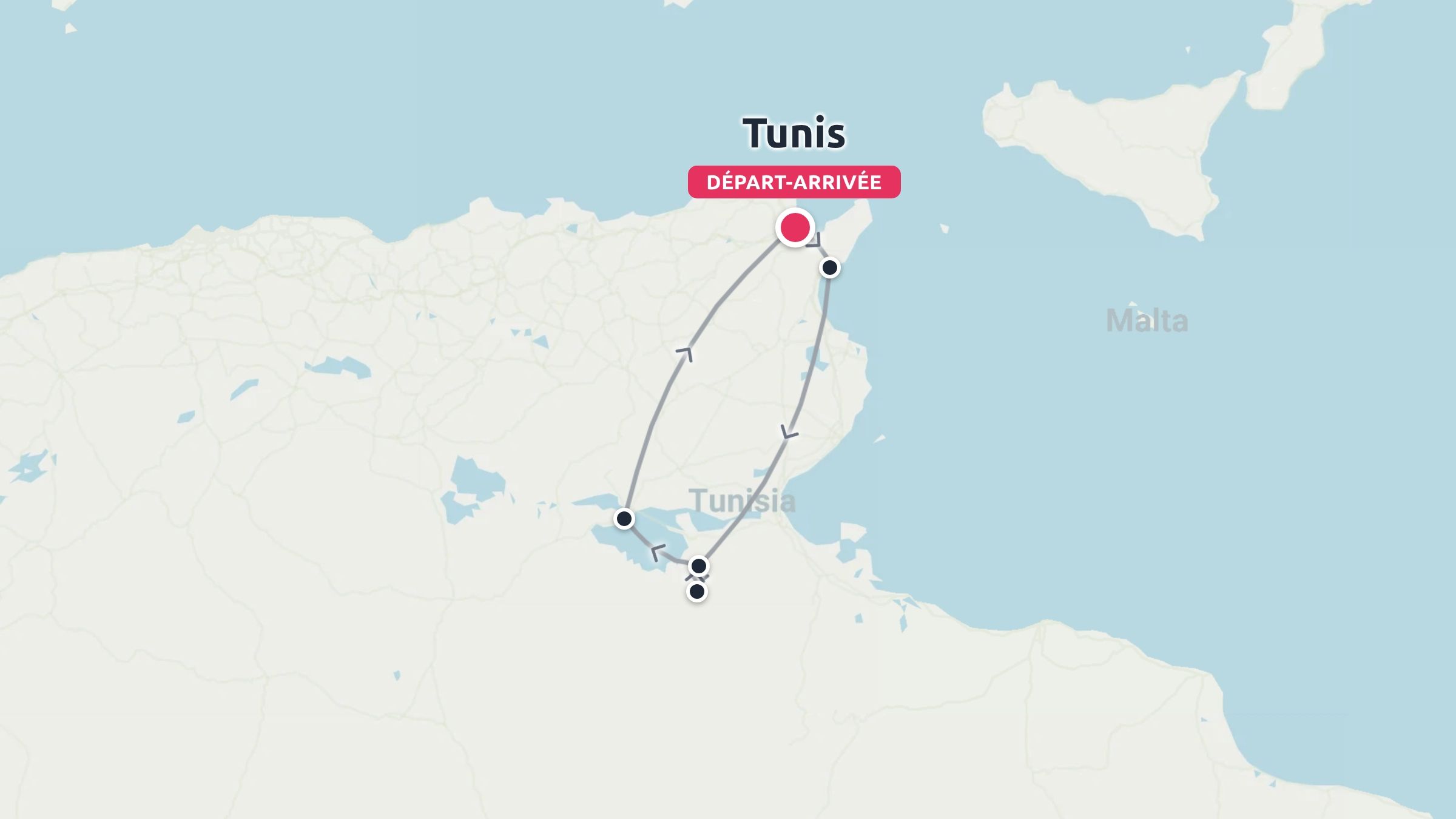 Carte de l'itinéraire de voyage en Tunisie avec départ et arrivée à Tunis, montrant un parcours circulaire avec plusieurs arrêts.