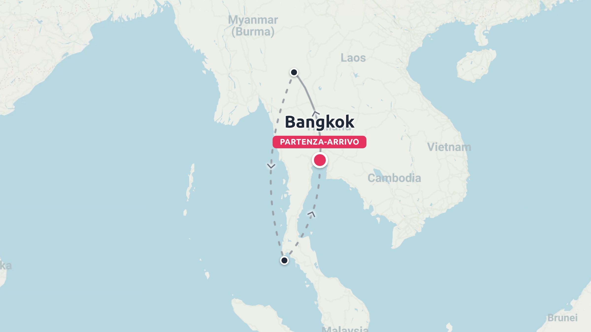 Mappa dell'itinerario di viaggio della Thailandia con partenza e arrivo a Bangkok e tappe al nord e al sud