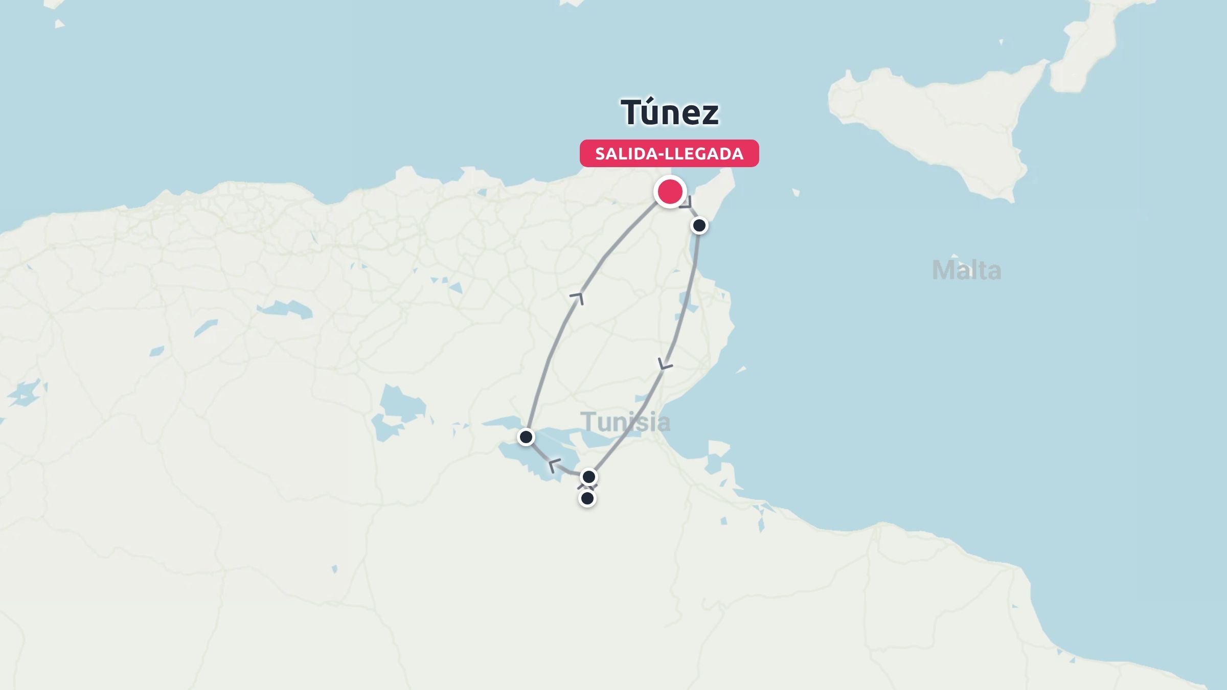 Mapa de la ruta de viaje de Túnez con un recorrido circular marcado entre Túnez y las regiones del sur.