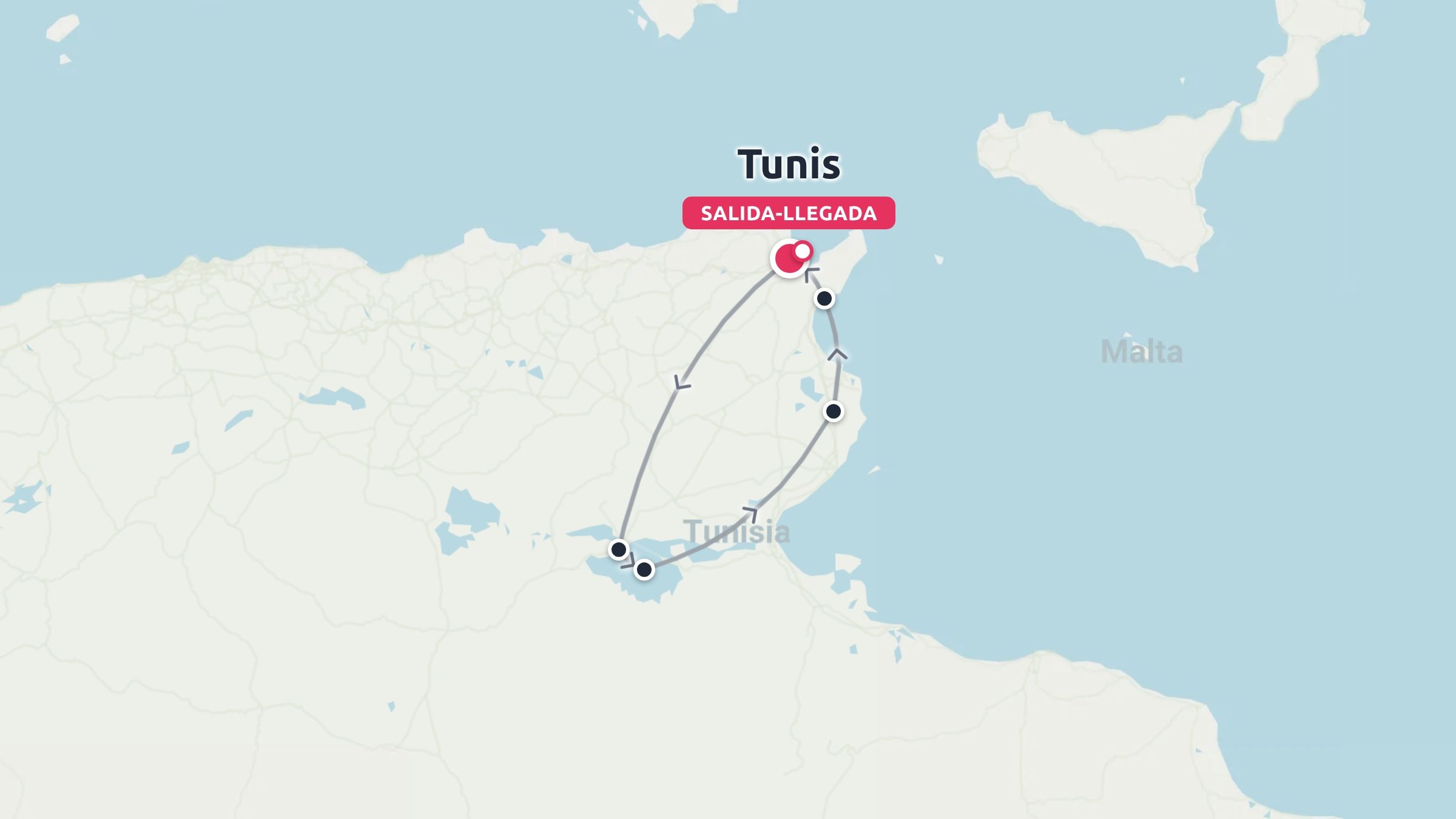 Un mapa de ruta de viaje por Túnez que muestra un itinerario circular que comienza y termina en Túnez.