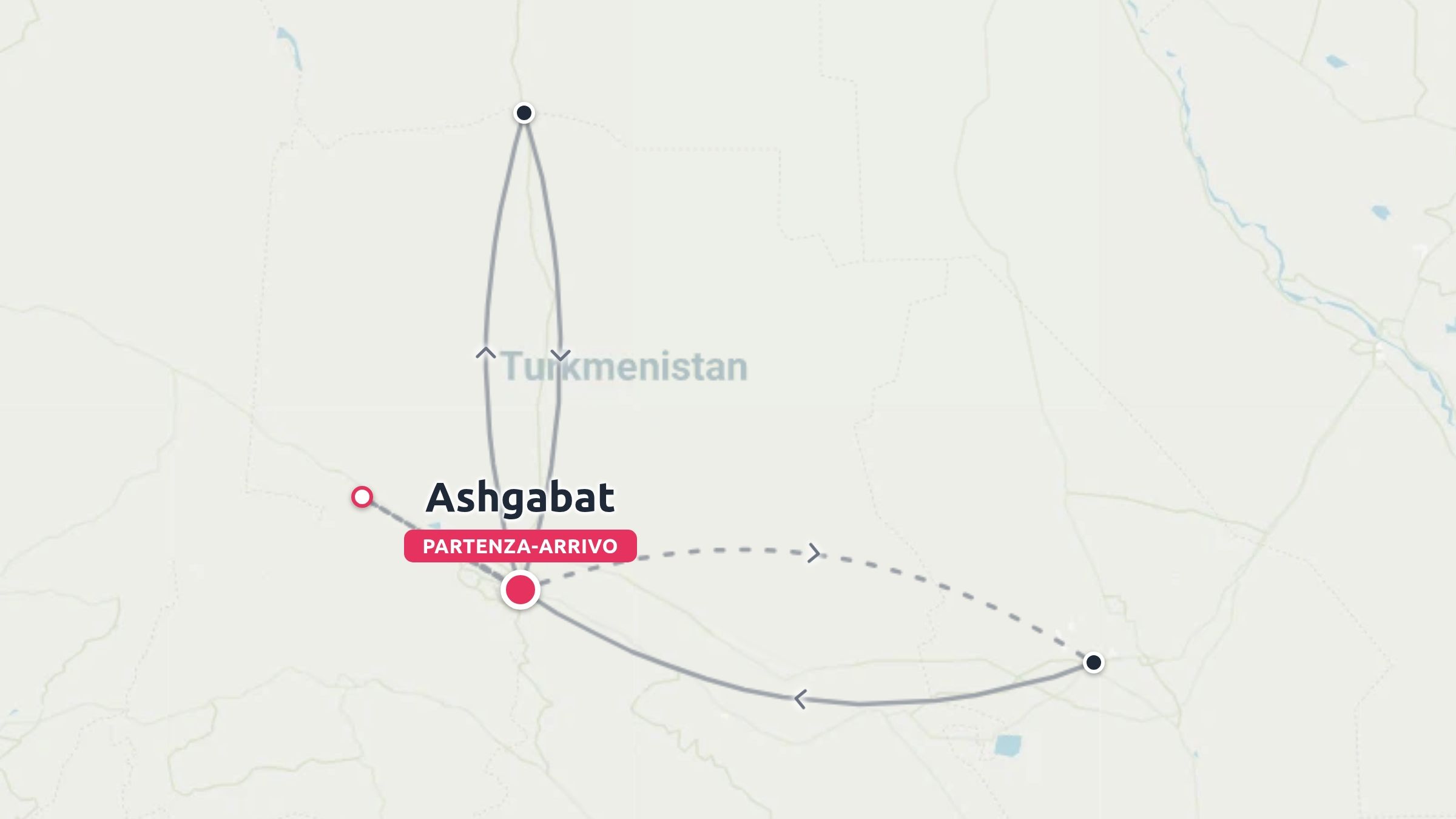 Una mappa dell'itinerario di viaggio in Turkmenistan che mostra un viaggio di andata e ritorno con partenza e arrivo ad Aşgabat