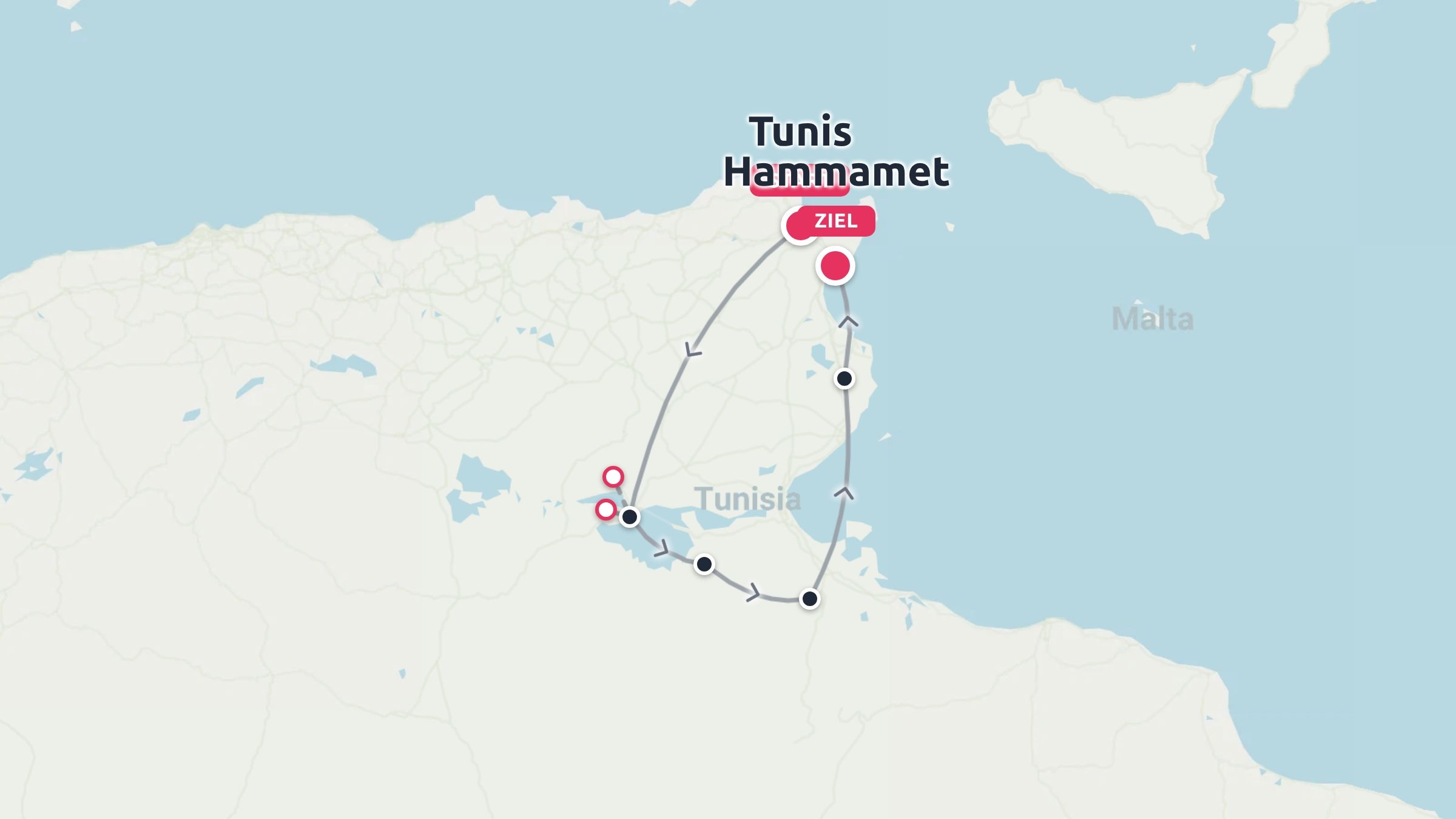 Reiseroute durch Tunesien mit einer Rundreise, die in der Nähe von Tunis und Hammamet beginnt und endet.