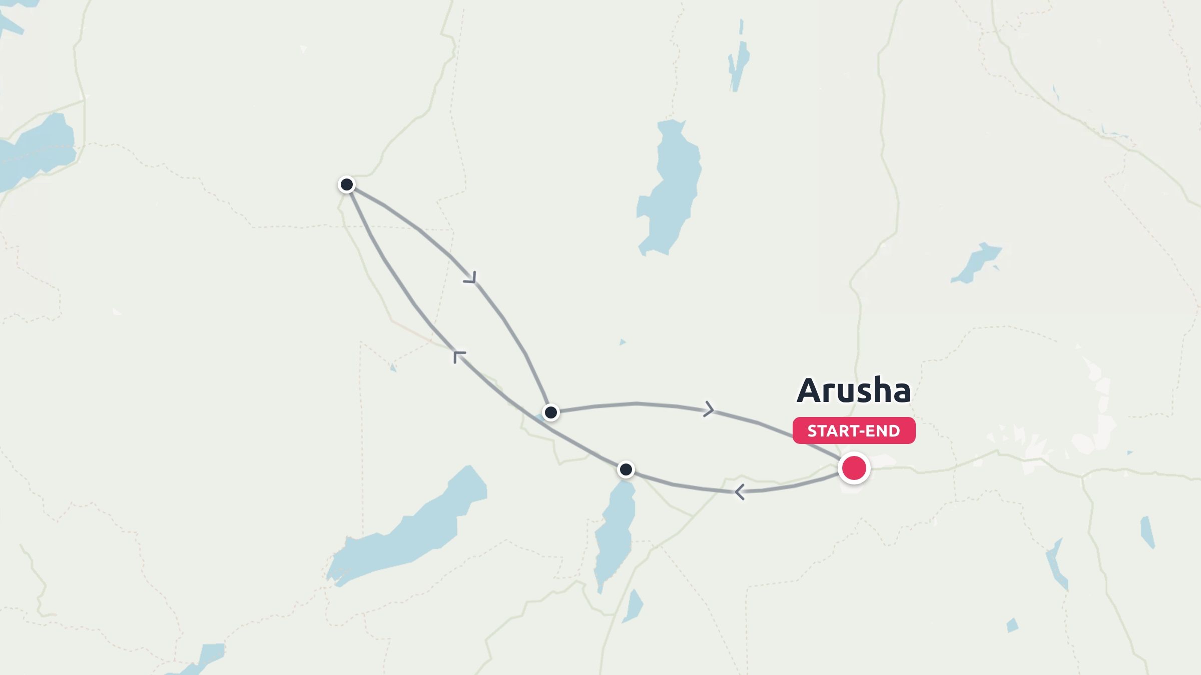 A travel route map showing a looped journey starting and ending in Arusha, connecting multiple stops.