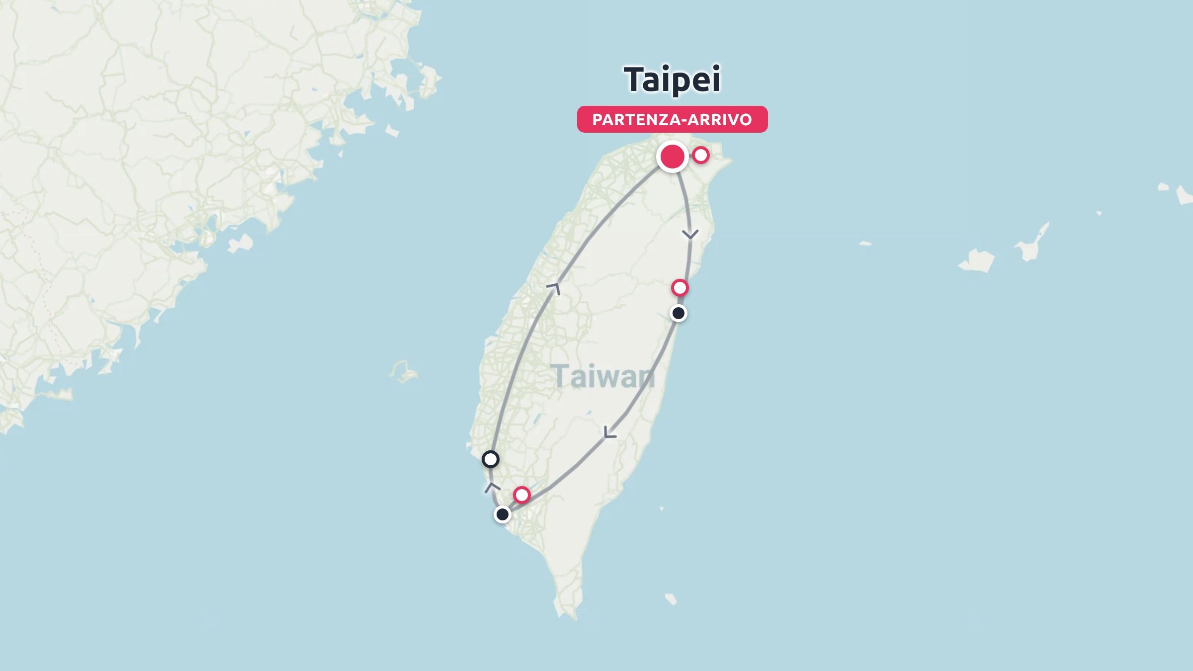 Mappa dell'itinerario di viaggio di Taiwan che mostra un percorso circolare con partenza e arrivo a Taipei.