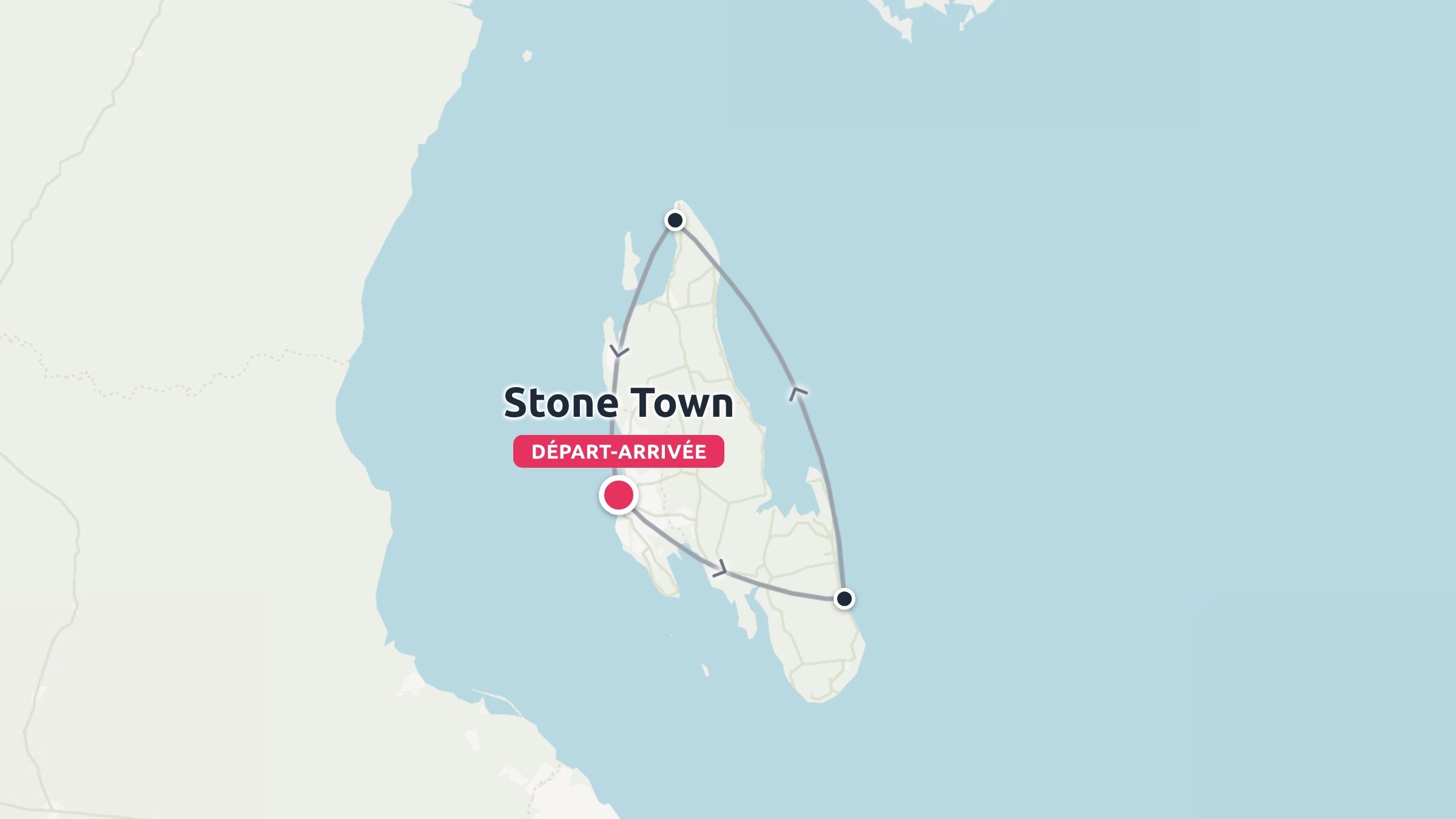 Une carte d'itinéraire de voyage montrant un parcours sur l'île commençant et se terminant à Stone Town.