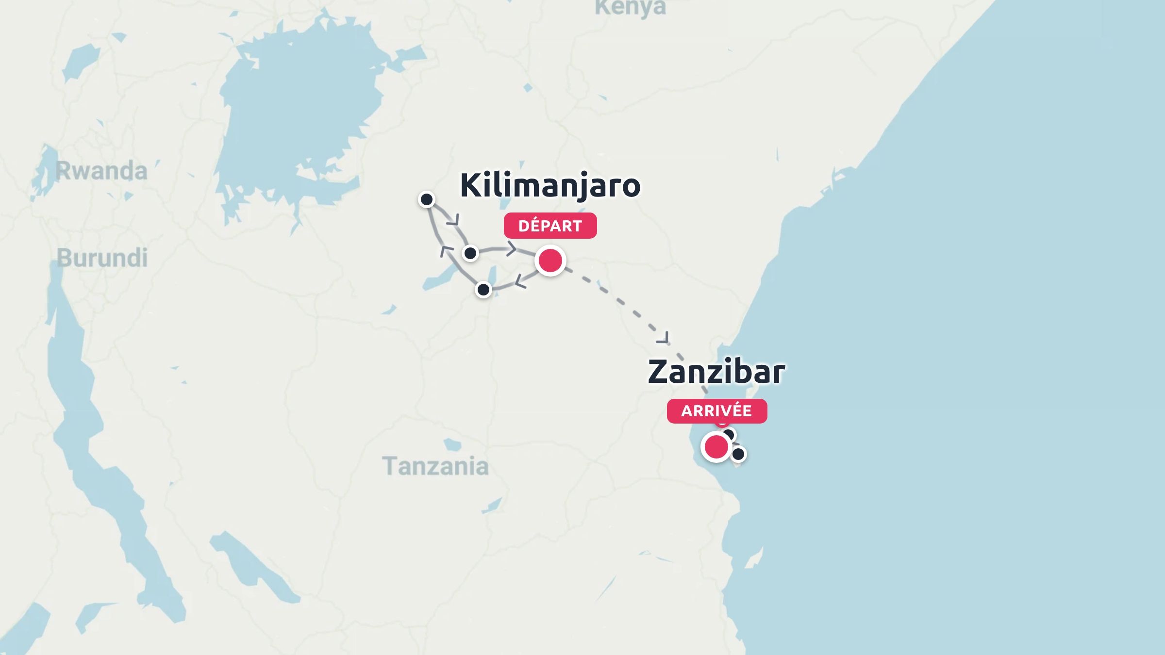 Un itineraire de voyage a travers la Tanzanie commencant au Kilimandjaro et se terminant a Zanzibar avec des etapes indiquees