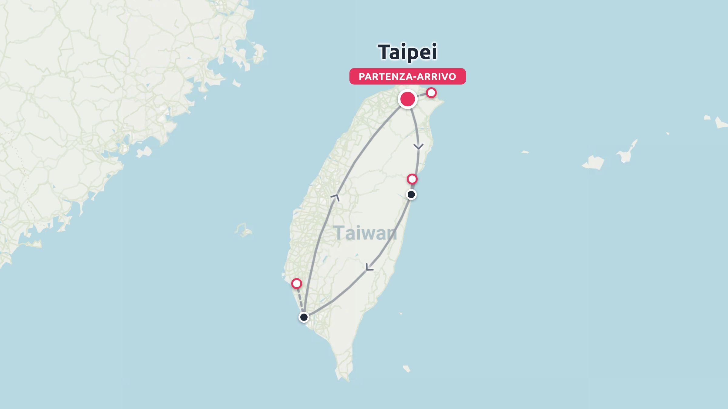 Mappa dell'itinerario di viaggio di Taiwan che mostra un percorso circolare con partenza e arrivo a Taipei