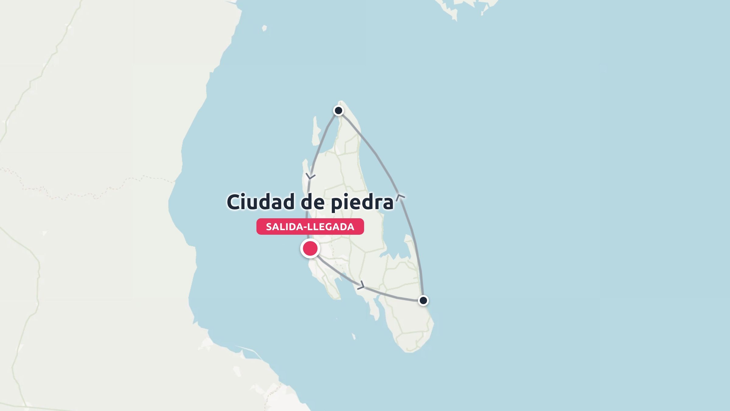 Un mapa de ruta de viaje alrededor de una isla con la Ciudad de piedra marcada como punto de salida y llegada