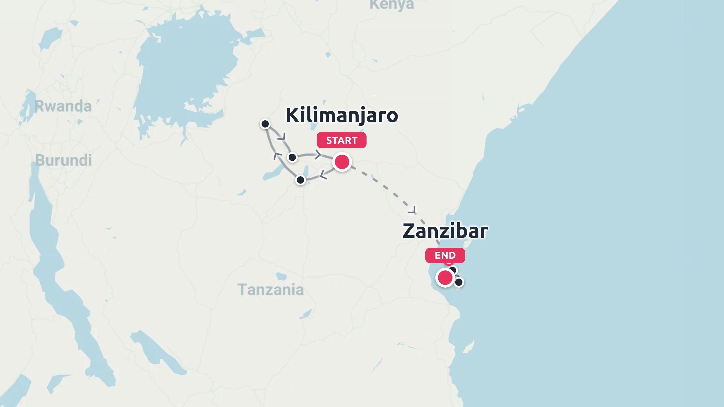 A travel itinerary map of Tanzania showing a route starting at Kilimanjaro and ending at Zanzibar.