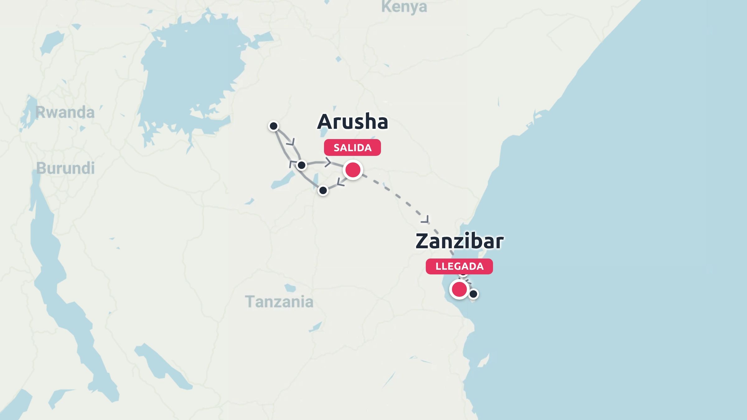 Mapa de viaje de Tanzania que muestra una ruta de itinerario con salida en Arusha y llegada en Zanzíbar.