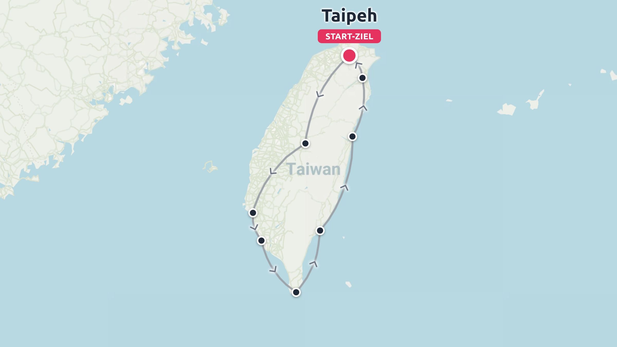 Eine Reiseroute rund um die Insel Taiwan mit Start- und Endpunkt in Taipeh.