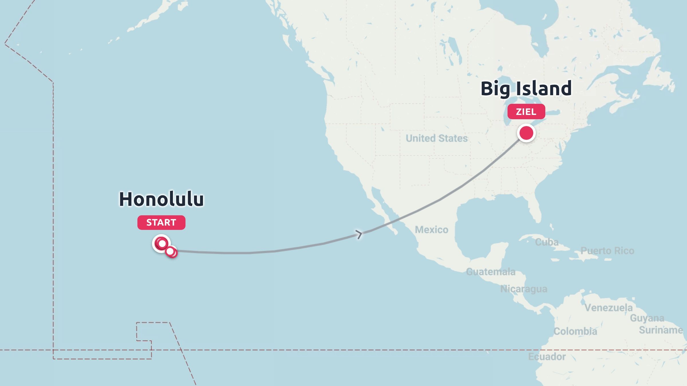 Eine Reiseroute, die eine geschwungene Linie von Honolulu im Pazifischen Ozean bis zur Big Island in den Vereinigten Staaten zeigt.