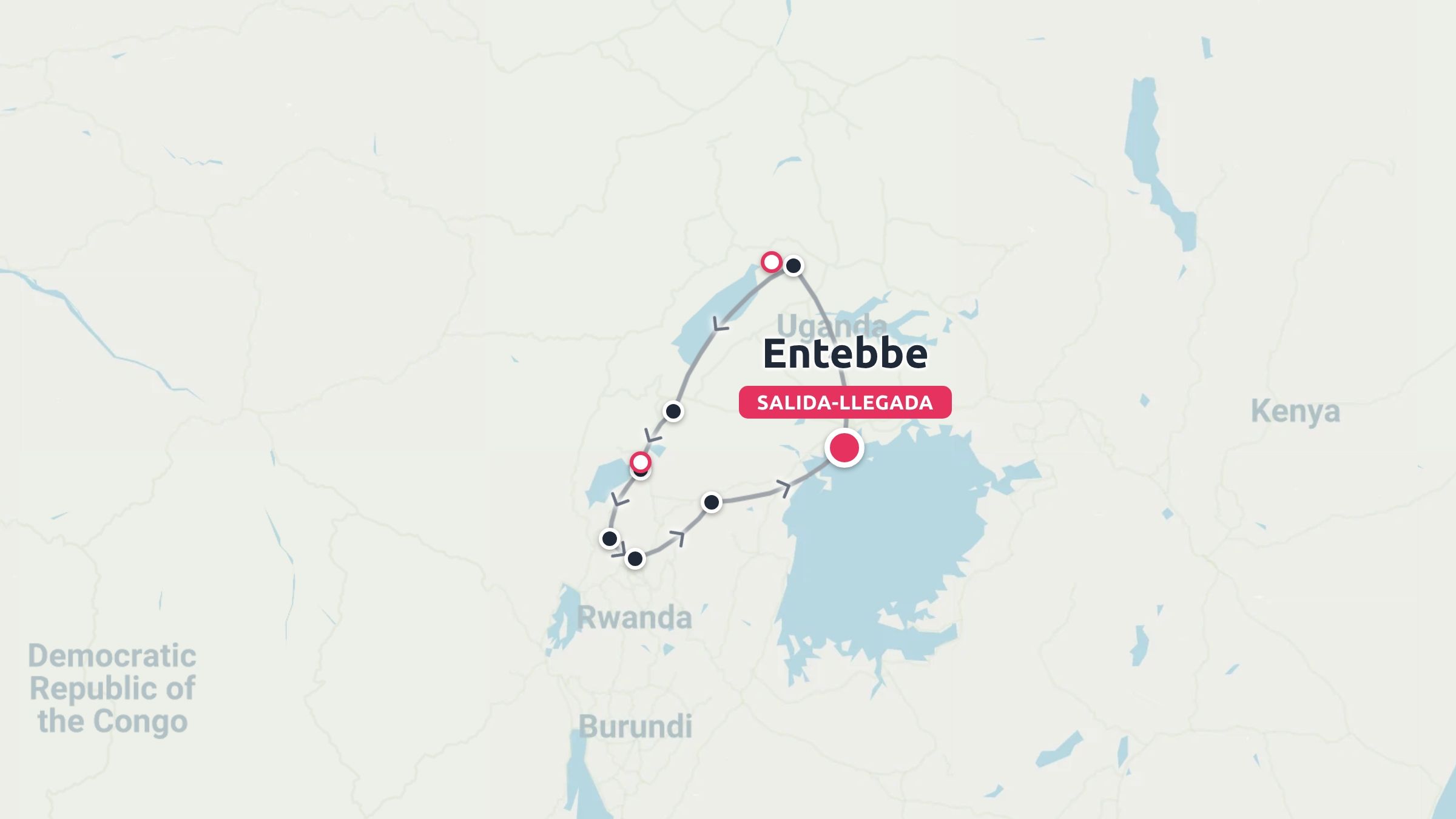 Un mapa de ruta de viaje por Uganda que muestra un itinerario circular con inicio y fin en Entebbe, cerca del lago Victoria.