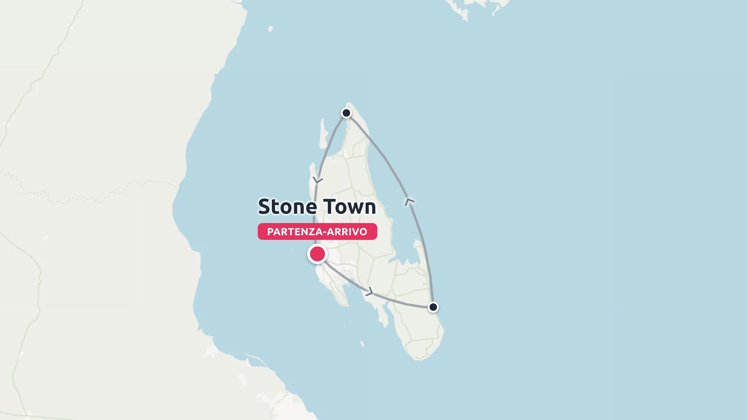 Mappa del percorso di viaggio che mostra un itinerario ad anello con partenza e arrivo a Stone Town su un'isola
