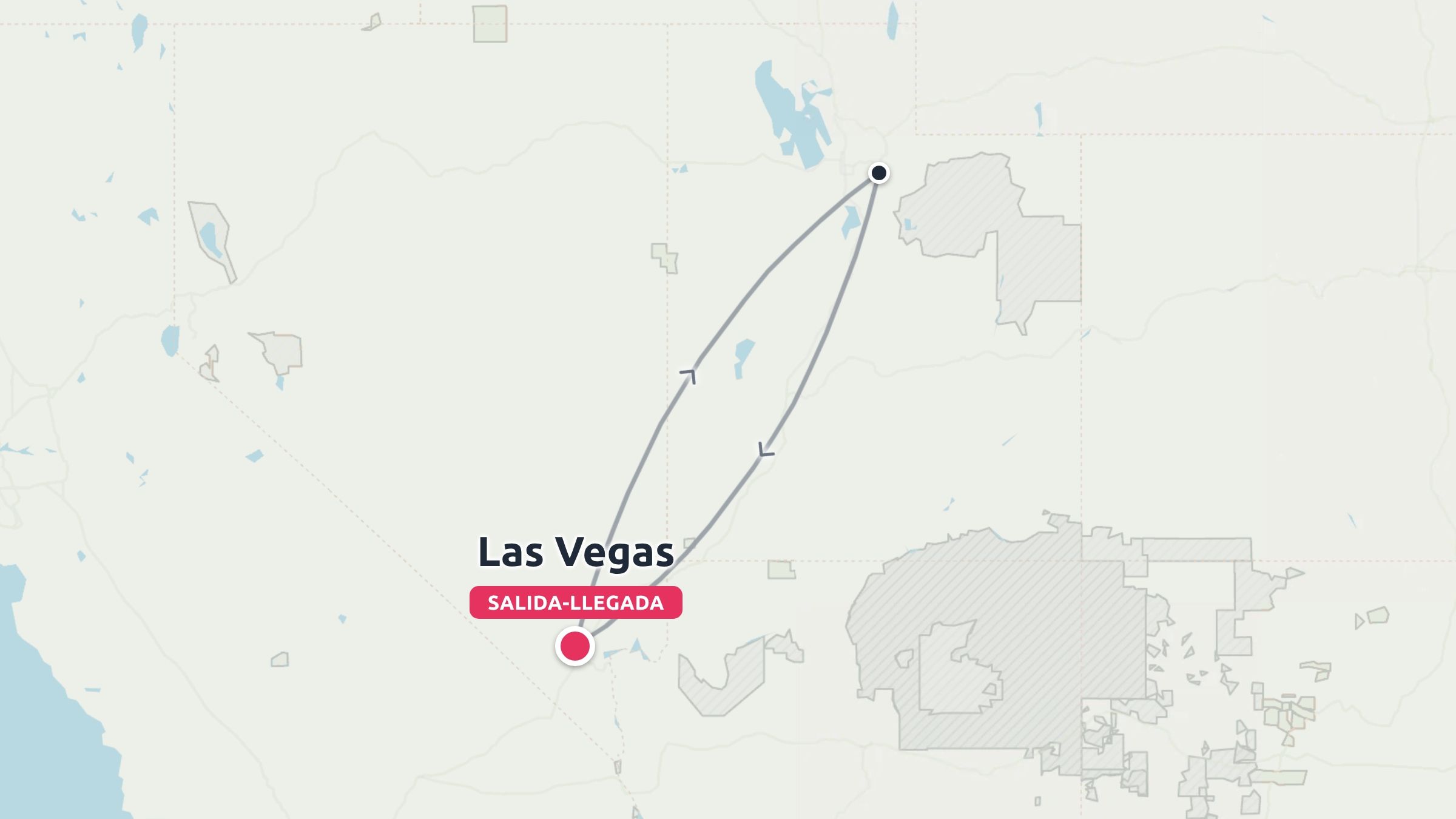 Un mapa de ruta de viaje que muestra un circuito de ida y vuelta que empieza y termina en Las Vegas.
