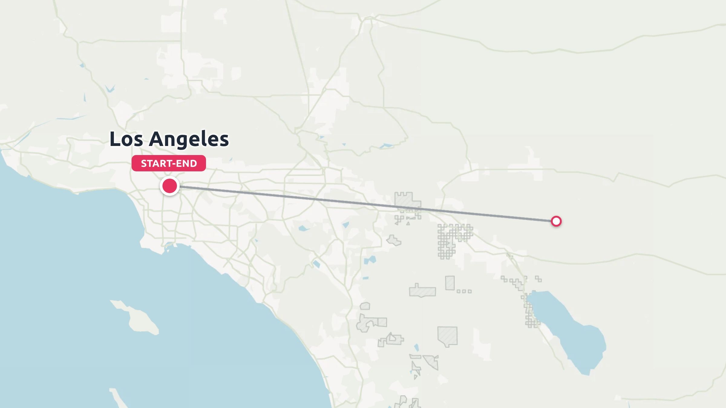A travel route map showing a line connecting Los Angeles as the start and end point to an eastern destination.
