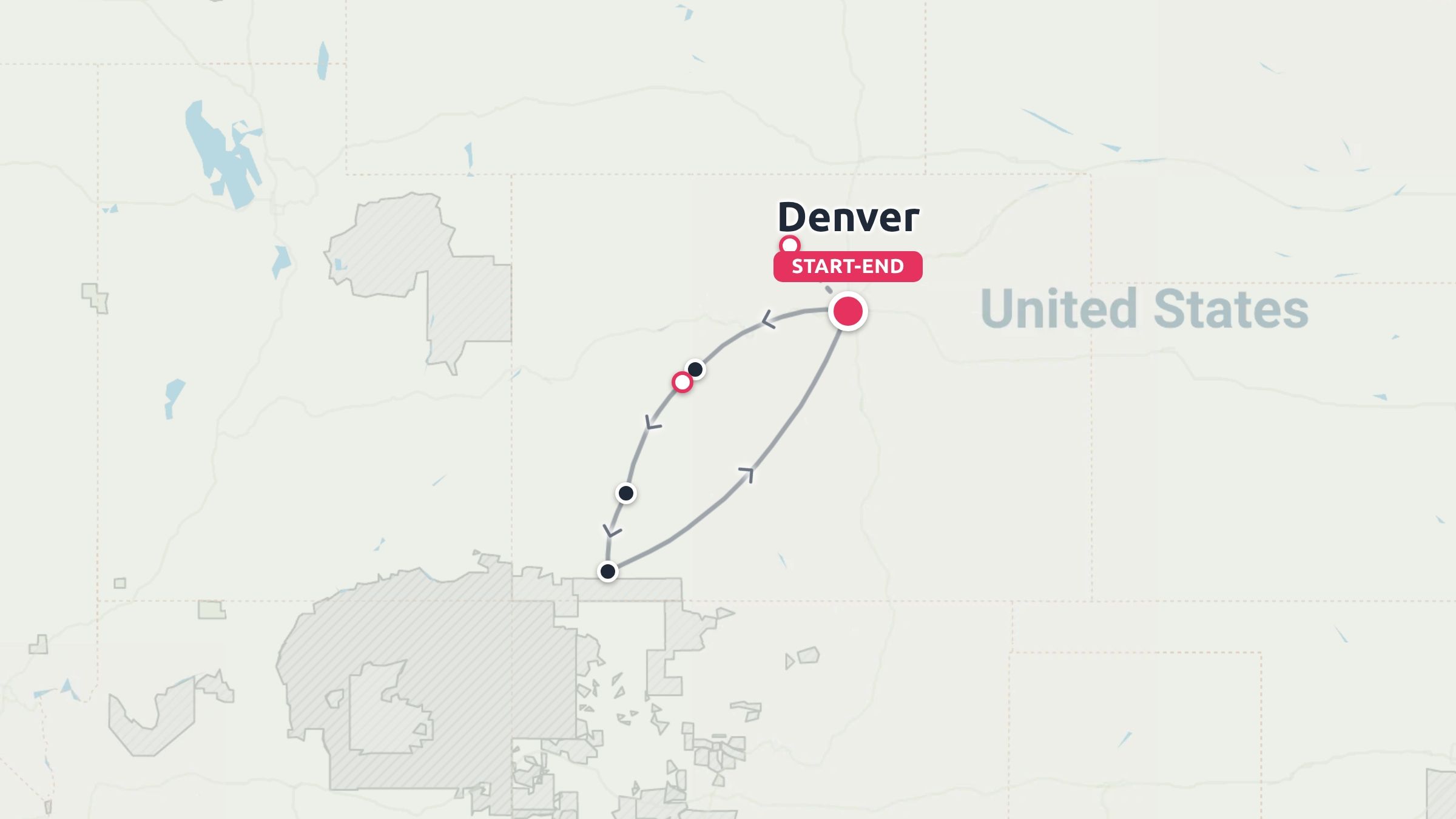 A travel route map in the United States showing a round-trip loop starting and ending in Denver.